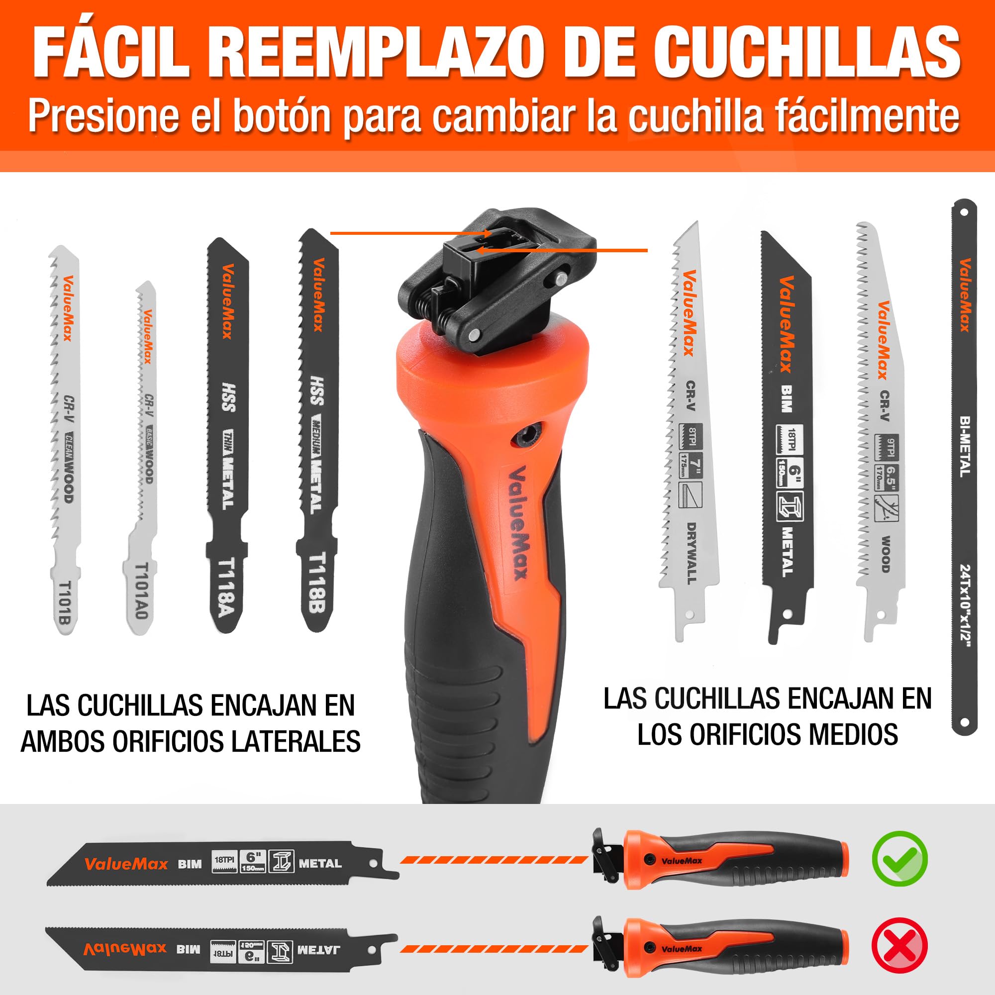 ValueMax Sierra de Mano Multifunción 8 en 1 con 8 Hojas de Sierra, Mango Ergonómico, Estructura Segura, Para Cortar Madera, Metal, Yeso, Paneles de Yeso y Más