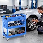 Goplus 3 Tier Rolling Tool Cart with Lockable Drawer, Heavy Duty Metal Utility Cart on Wheels with Pegboards & Hooks, Mechanic Tool Storage Organizer for Garage, Warehouse & Workshop (Blue)
