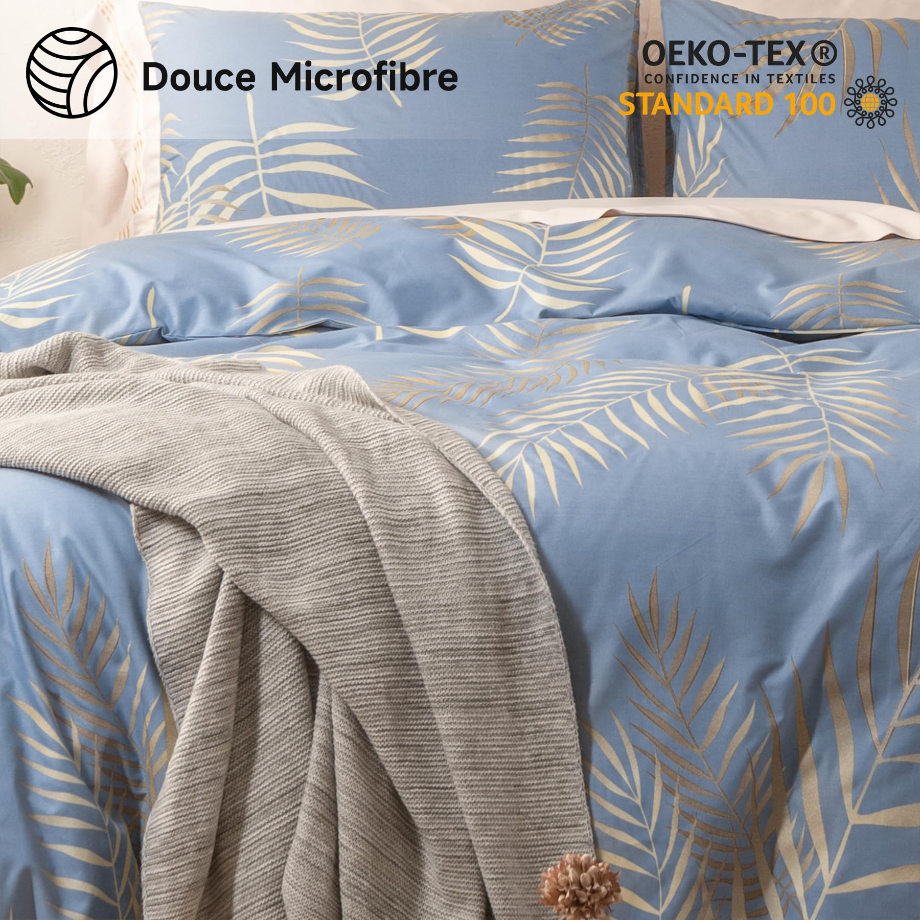 Gezu Housse de Couette Doré 240x260 Motif Feuilles de Palmier Tropicales Parure de Lit 240x260 Or et Bleu Botanique Linge de Lit 2 Personnes Adulte avec Fermeture Éclair et 2 Taies d'oreiller 65x65cm