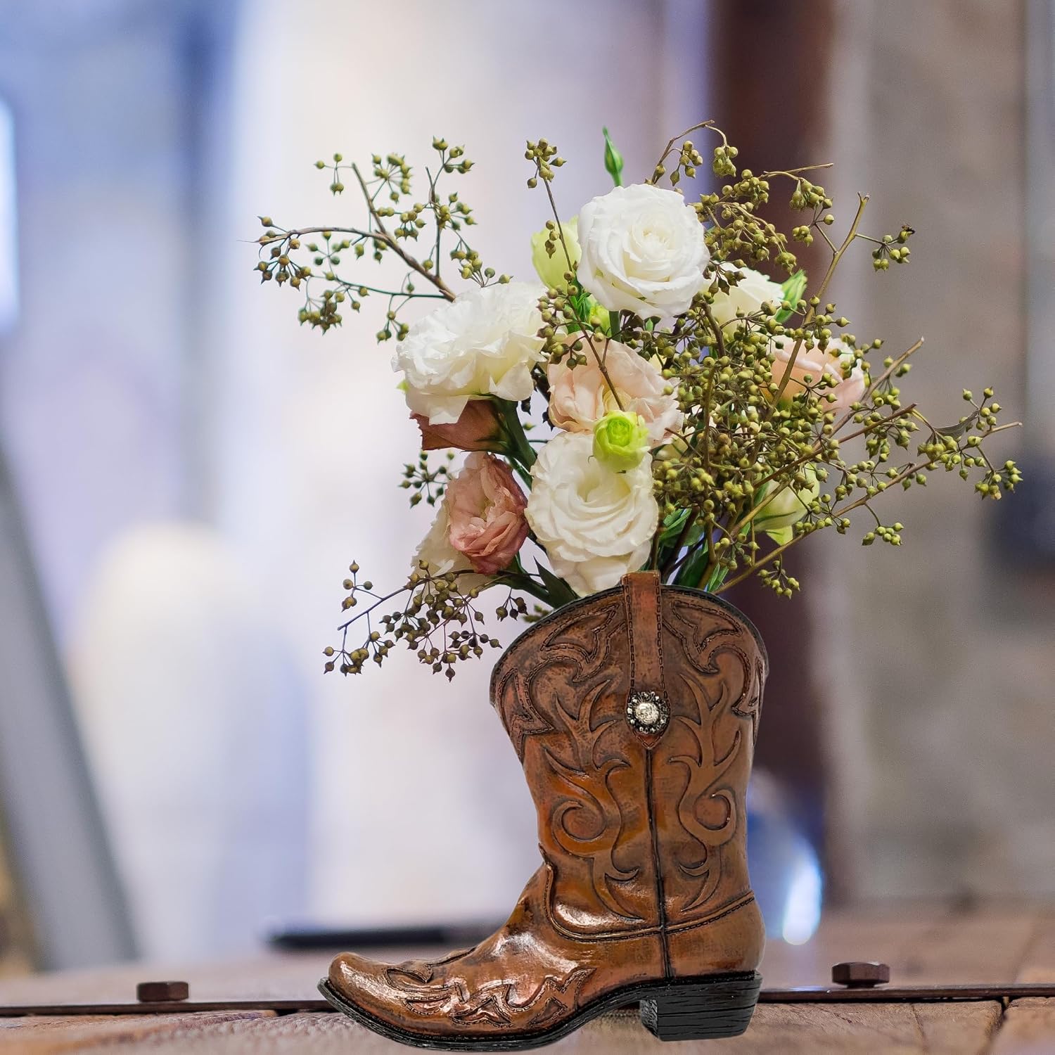 Brown Cowboy Boot Vase – Rustic Western Décor with Faux Leather, Embossed Pattern & Metal Concho Accent – Resin Flower Holder for Home or Office – Tabletop Accent & Unique Gift for Western Enthusiasts