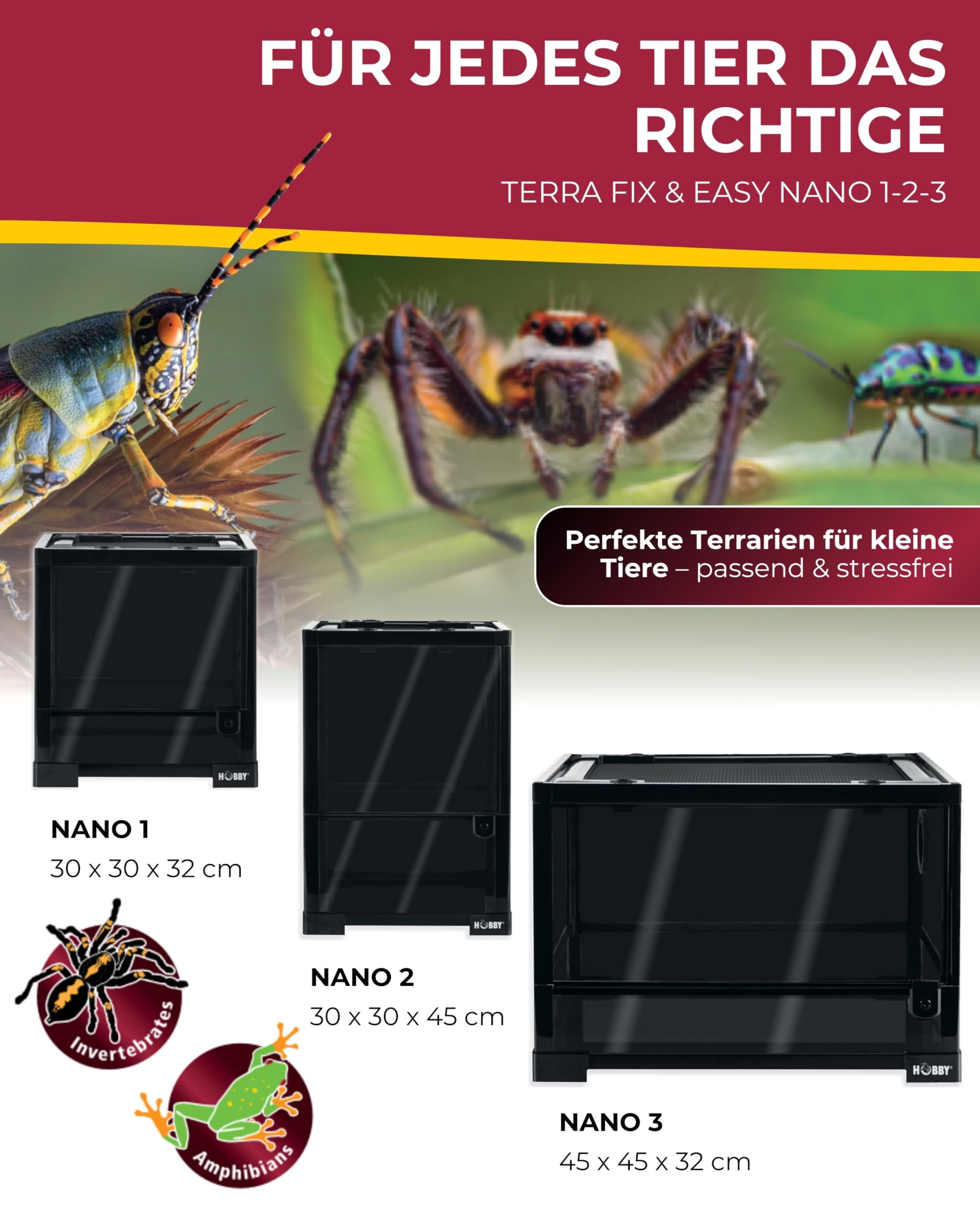 Hobby Terraristik Fix und Easy Nano 3 I 45 x 45 x 32 cm I Geeignet für die Haltung Kleiner Amphibien und Insekten I Mit wasserdichtem Boden und Schwingtüren I Ideal für Anfänger und Profis I Schwarz