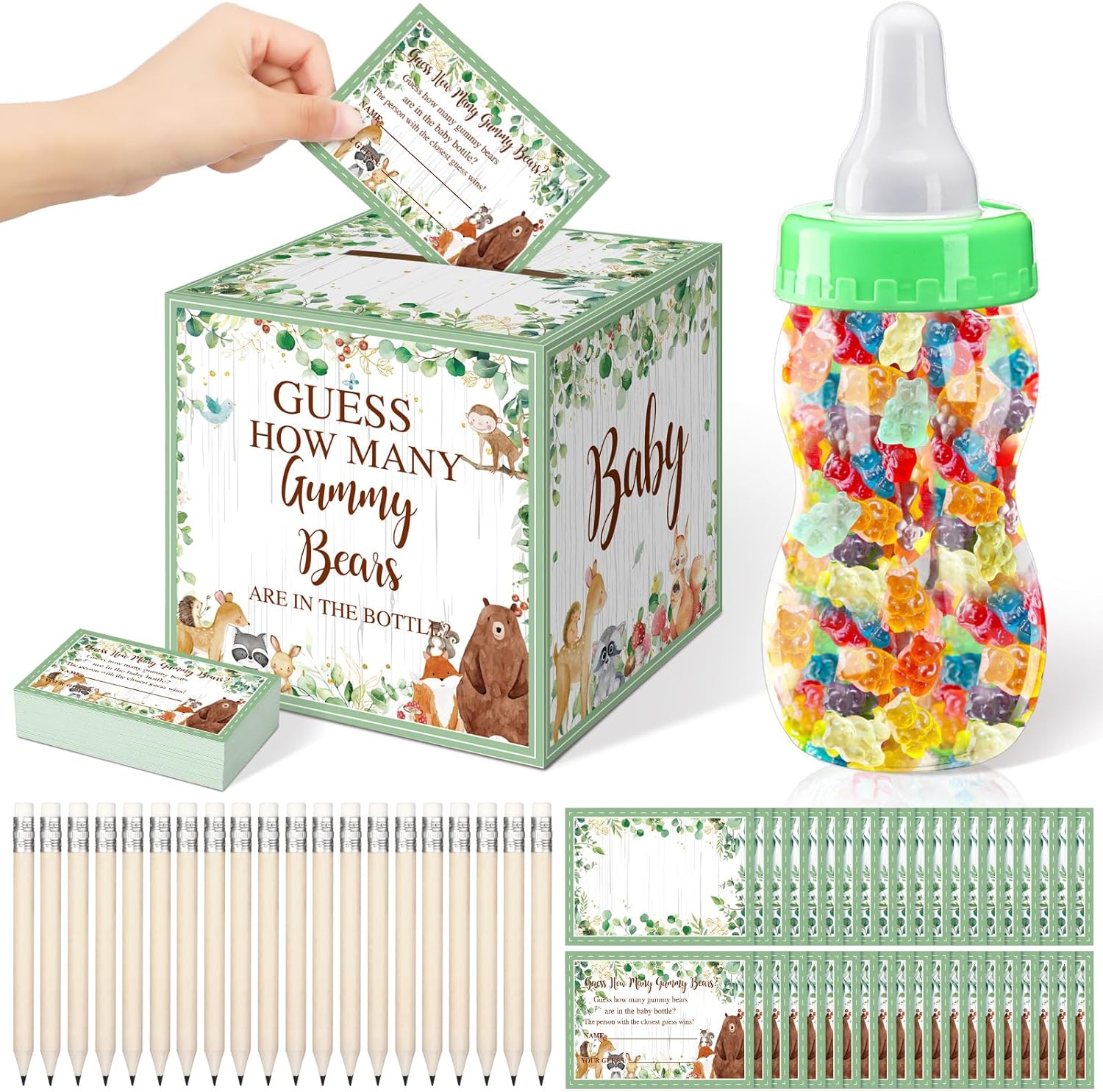 TrelaCo Woodland Shower Games Guess How Many Bears 1 Woodland Card Box 1 Large Bottle 60 Guessing Cards 20 HB Pencils for Shower Favors Games Gender Reveal Forest Animal Theme Party Favors