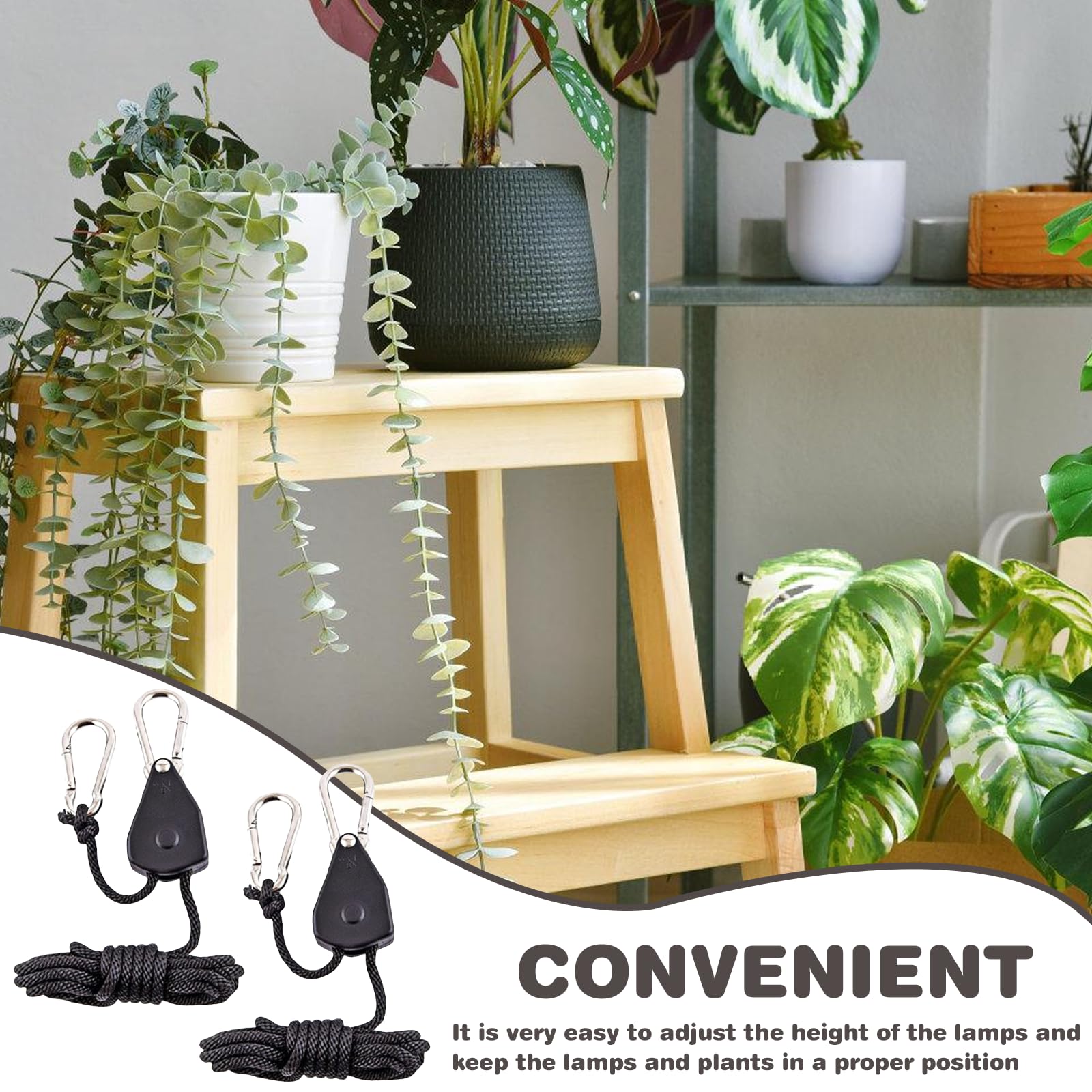 12 ganchos de cuerda ajustables: 1/8 pulgadas trinquete, trinquete con gancho de cuerda, colgador de trinquete para ventilador de plantas, plantas de interior, capacidad de carga de 68 kg por