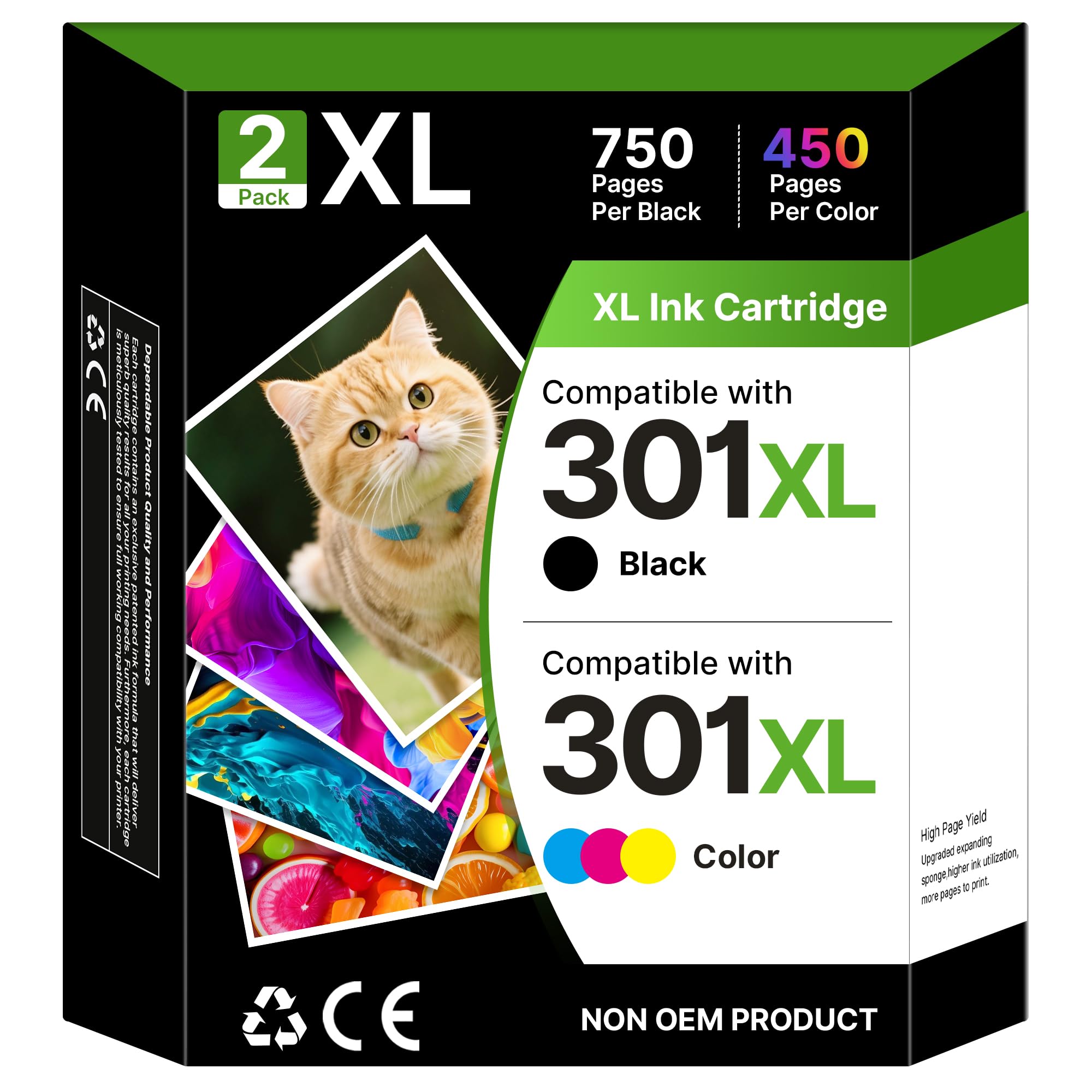 Gureef 301 Ink Cartridges XL Combo Pack Remanufactured for HP 301XL Ink Cartridges Black and Colour HP 301 XL for Envy 4500 5530 5532 4507 4502 DeskJet 2540 2544 OfficeJet 4630 Printer Ink（2-Pack）
