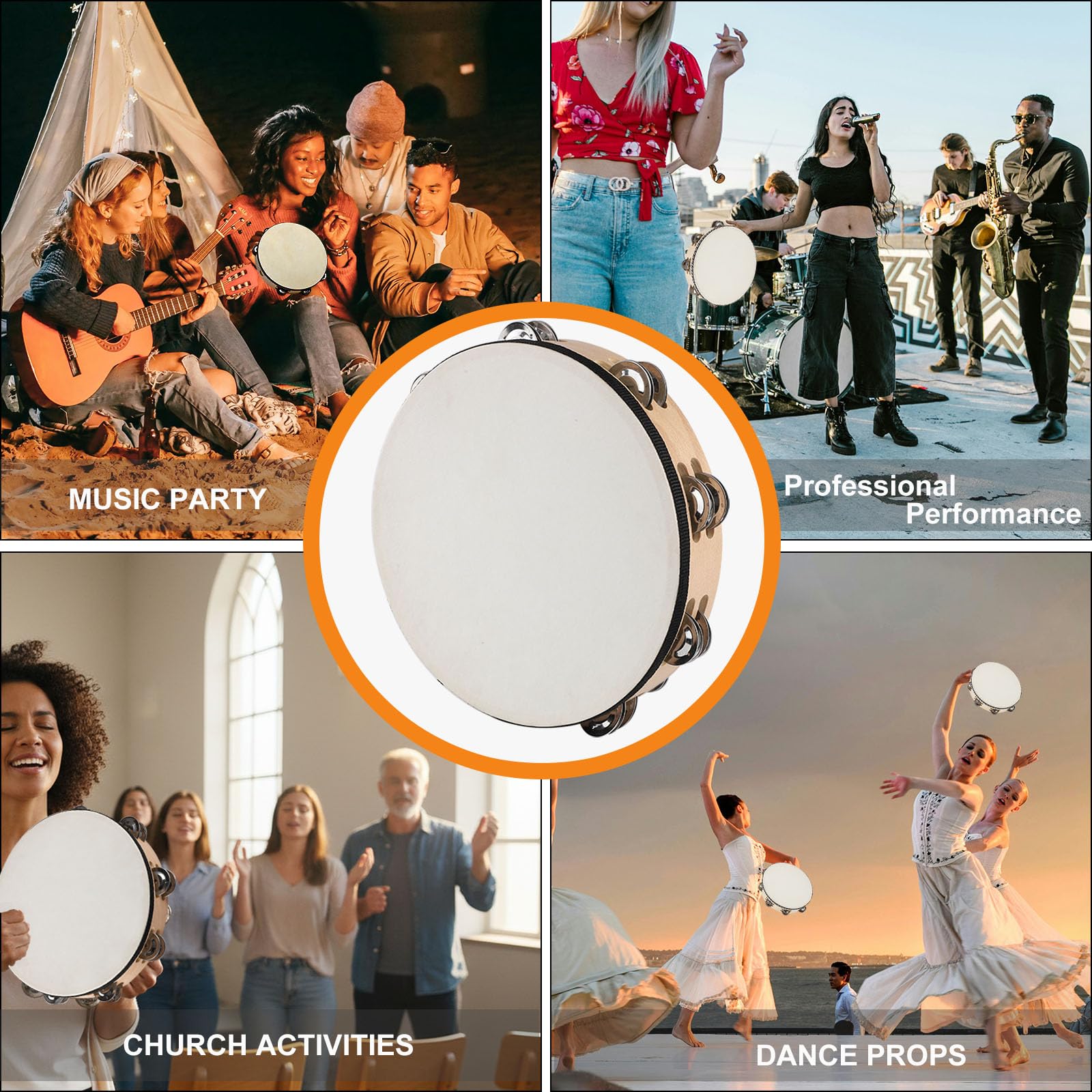 LIEKE Tambourin 25,4 cm et 20,3 cm Peau de chèvre à main pour adultes et enfants avec 8 paires de jingles en métal pour musique, salle de classe, danse, fête, église