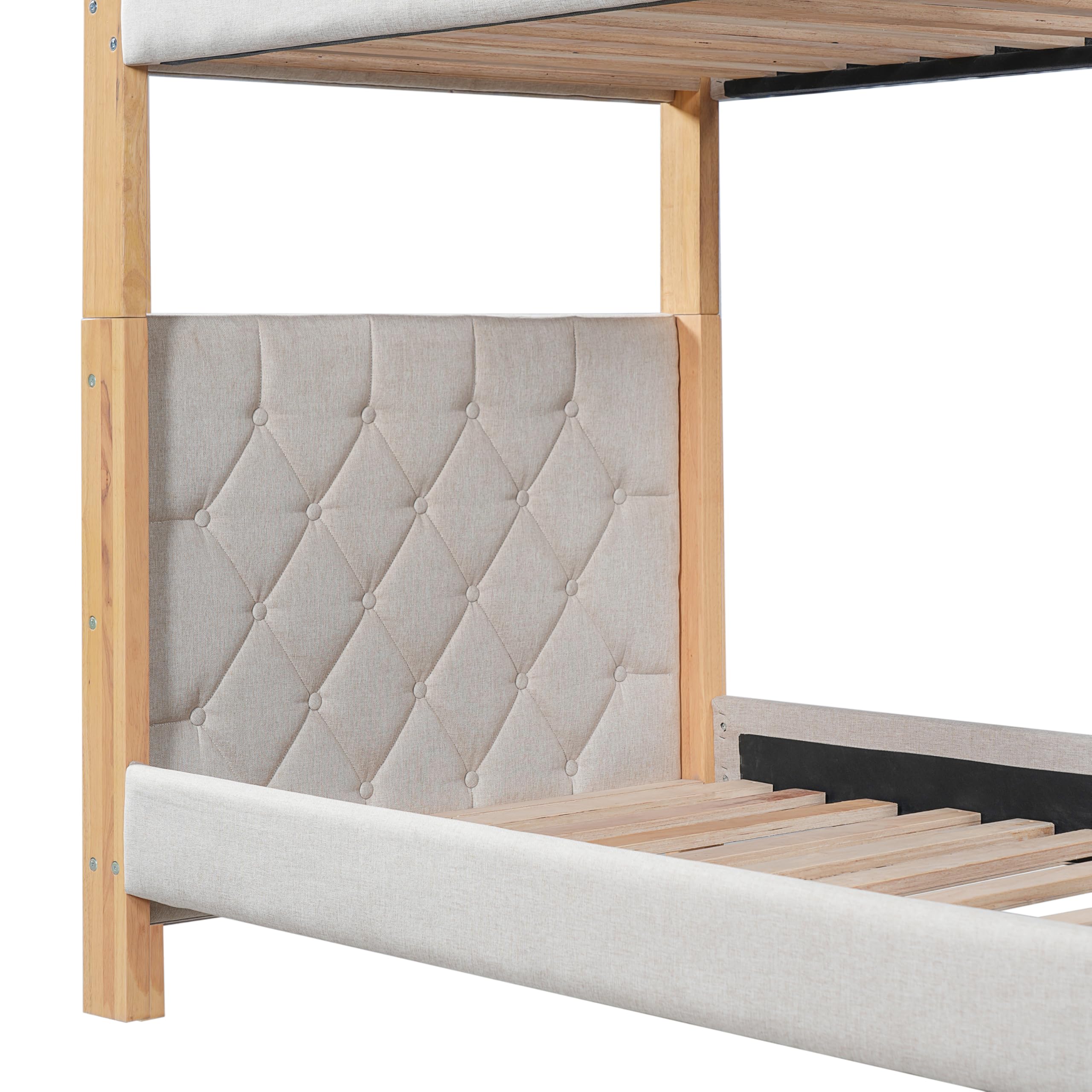 Etagenbett 90x200cm, Kinderbett mit Weiche Antikollisions-Schwammkante und Vierstufige Gerade Treppe, Stabile Lattenroste, Kautschukholz+MDF, Grau+Natur,Ohne Matratze