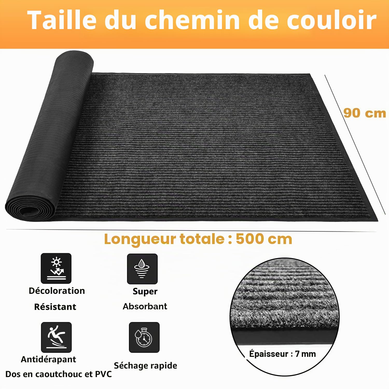 Nisorpa Tapis de couloir antidérapant extra long lavable pour la maison, le bureau, la cuisine - 90 x 500 cm