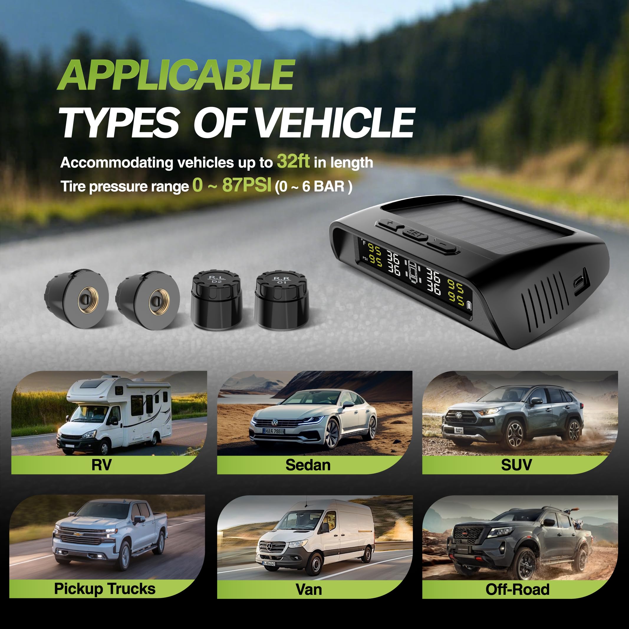 RVMATE Sistema di monitoraggio della pressione dei pneumatici RV con la carica solare, sensori TPMS 4 | 6 modalità di allarme, 0-87 psi, ideale per camper, rimorchi, camion e SUV