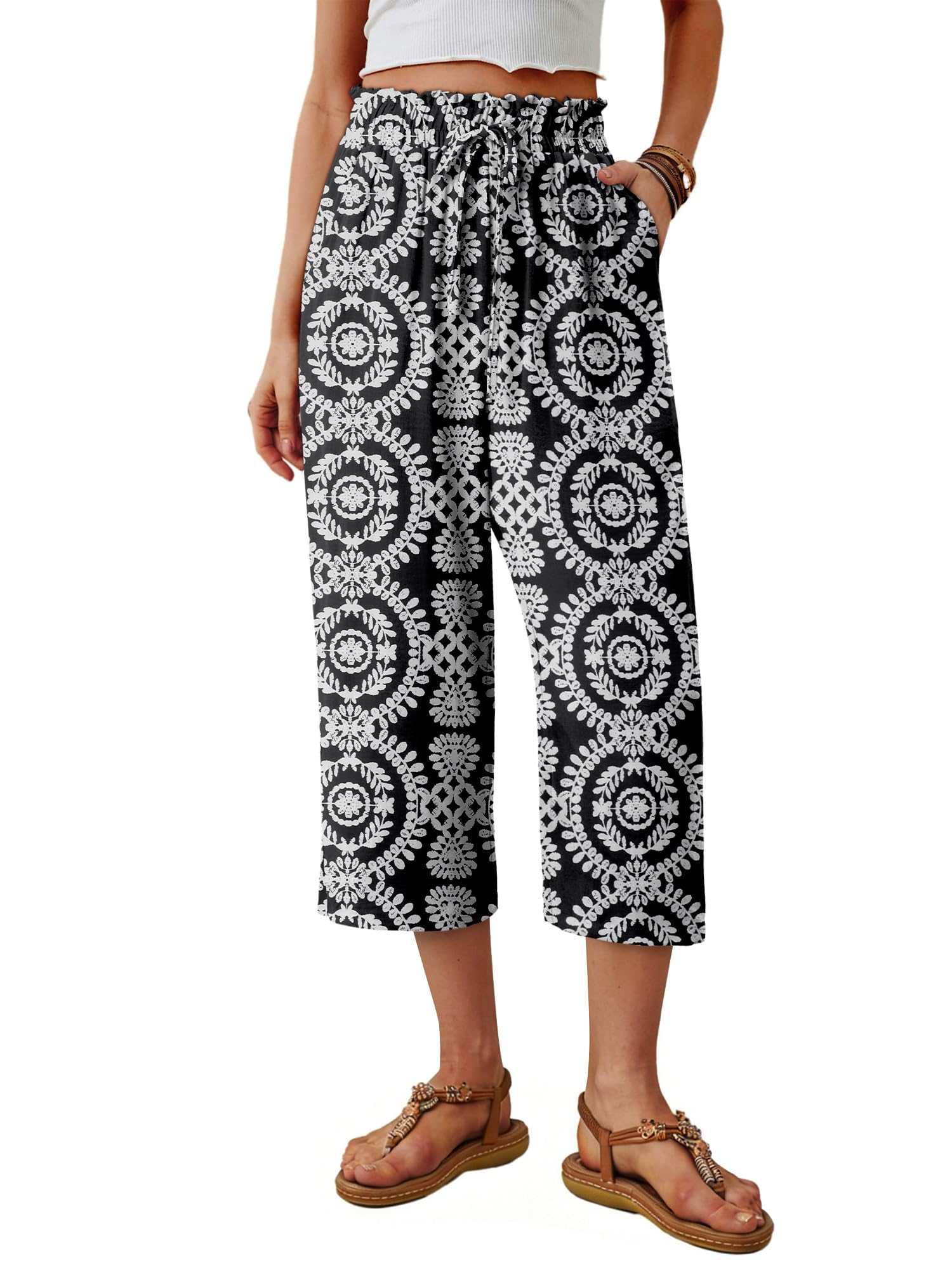 CRAZY GRID Womens Wide Leg Capri Pants Paper Bag High Waisted Trendy Flowy Summer Beach Cropped Palazzo with