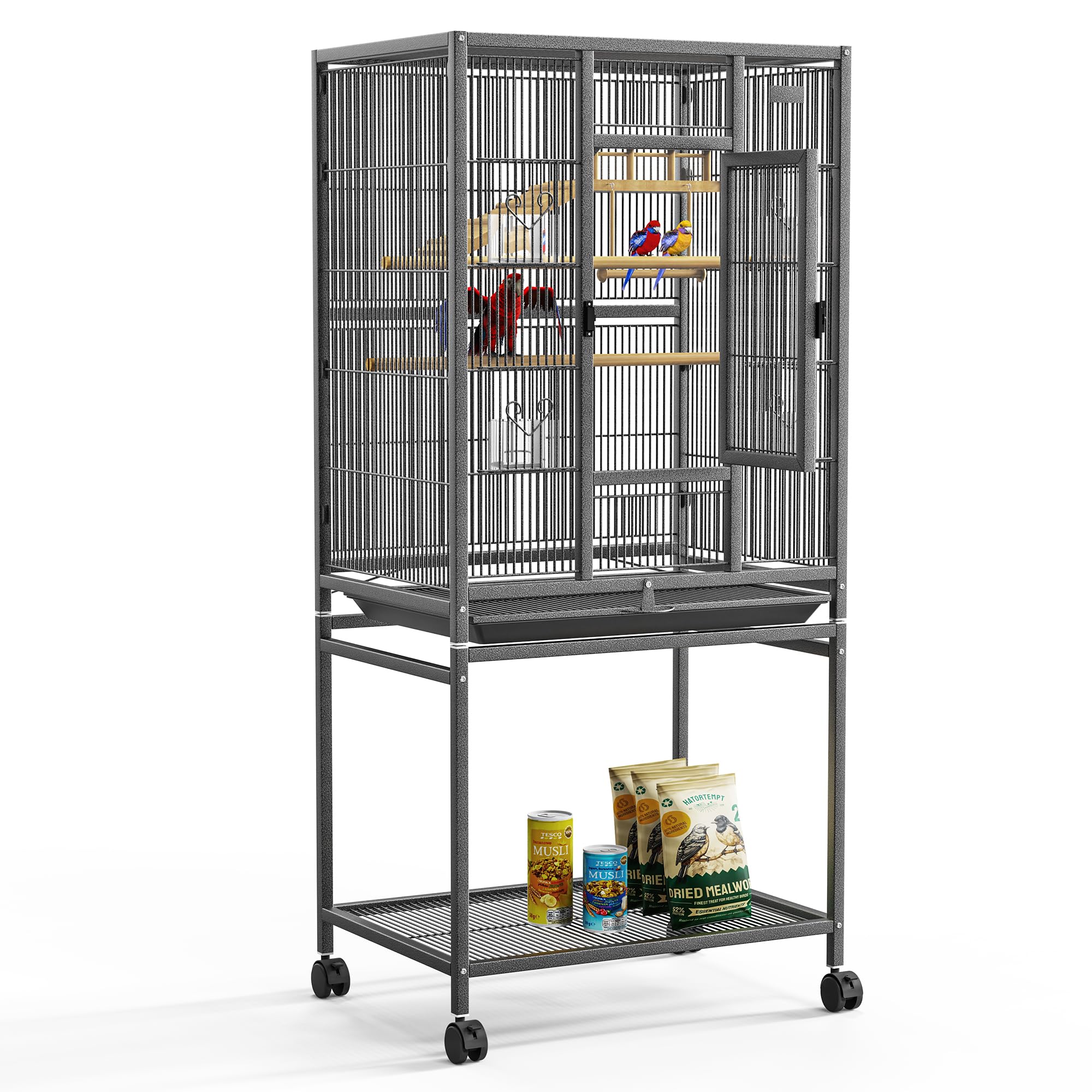 54" Large Bird Cage with Wheels, Durable Wrought Iron Parakeet Cage with Slide Out Tray, Black Bird Cages with Feeding Cups, Wooden Platform, Swing & Perches, for Lovebird, Cockatiels, Budgies