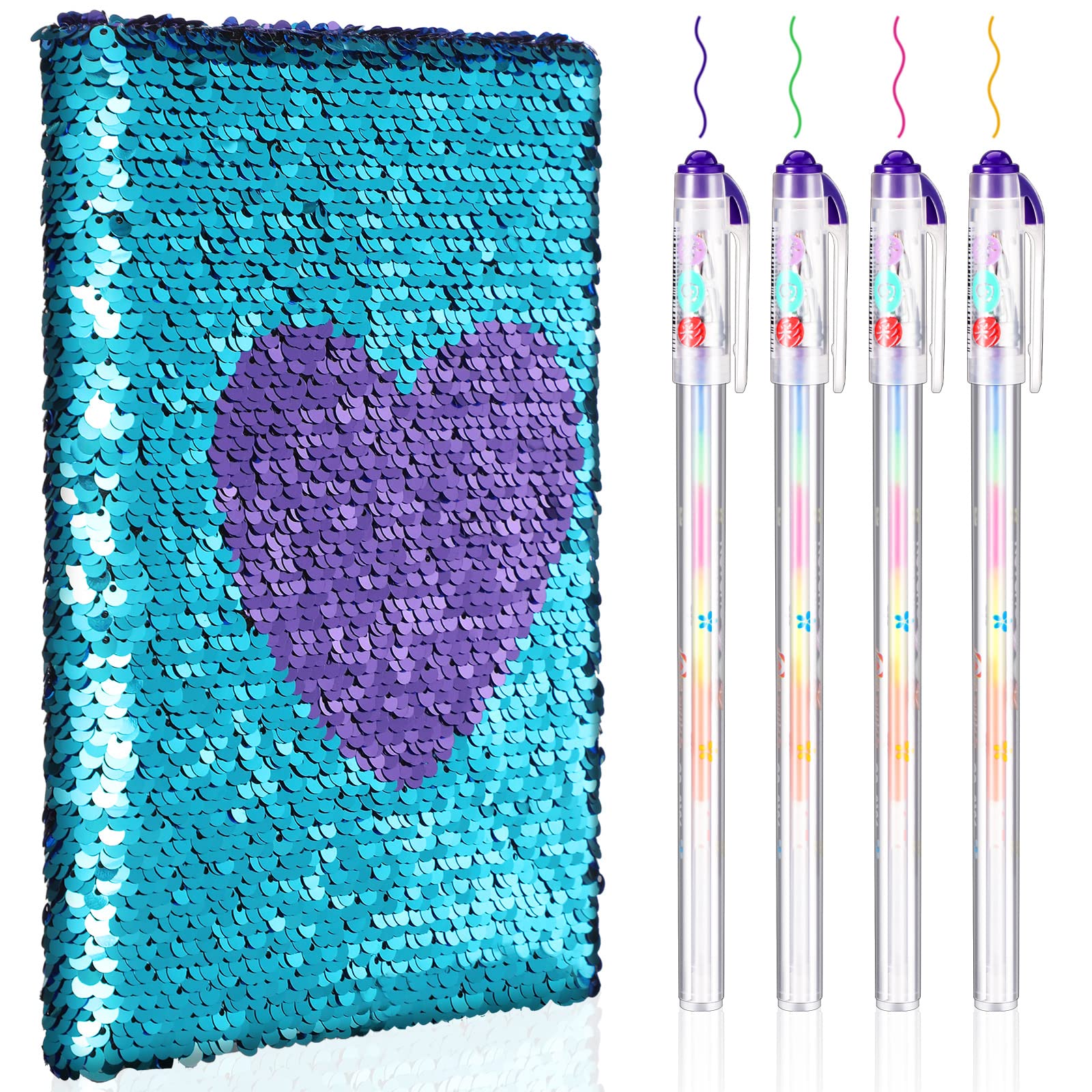 Outus 4 Pcs Sequin Notebook Christmas Journal Gift, Blue Purple, Heart