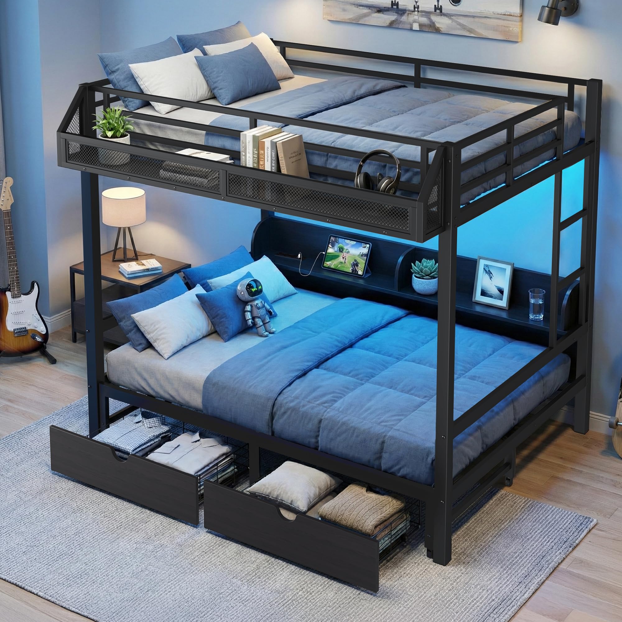 Queen Over Queen Heavy-Duty Metal Bunk Bed with Storage in Black
