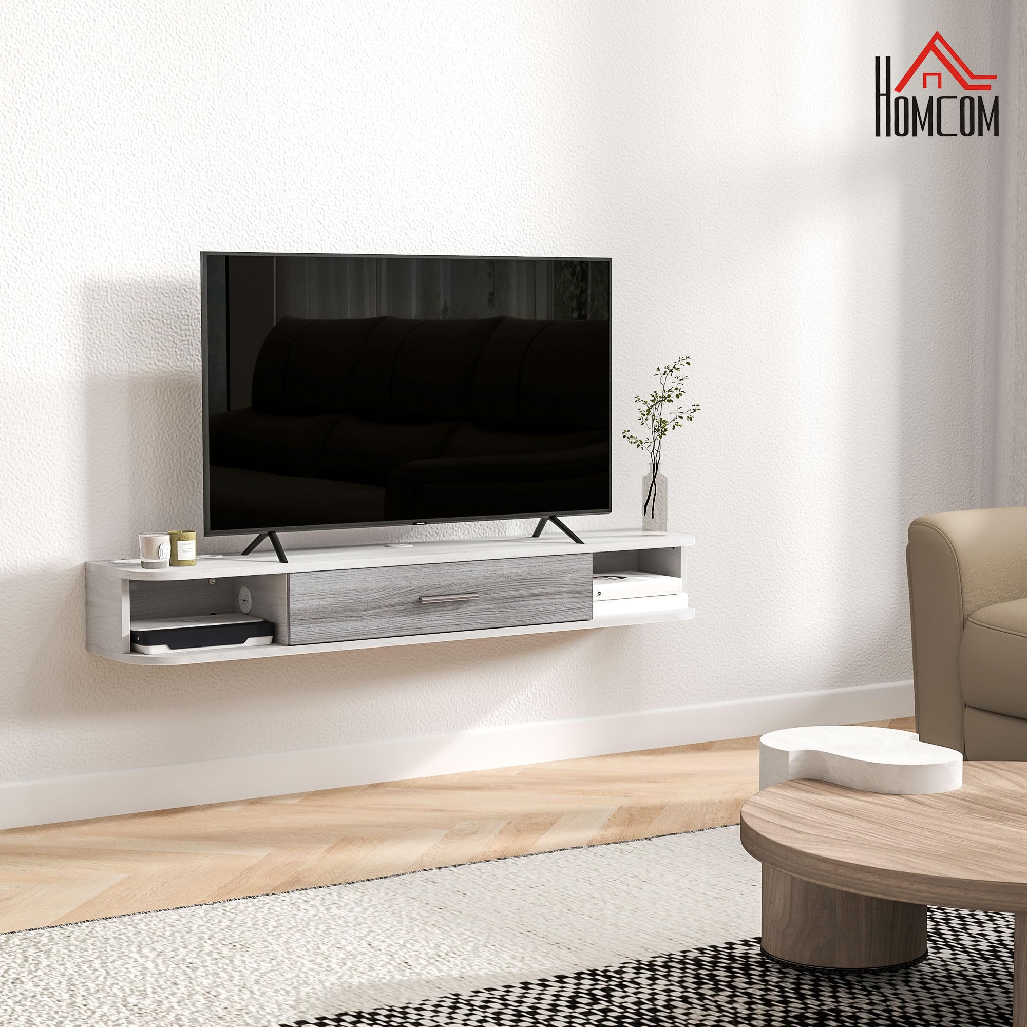 HOMCOM Mobile TV Sospeso con 2 Ripiani Aperti e Armadietto ad Anta Ribaltabile, Mobile Porta TV in Legno, 120x26x16 cm, Bianco e Grigio