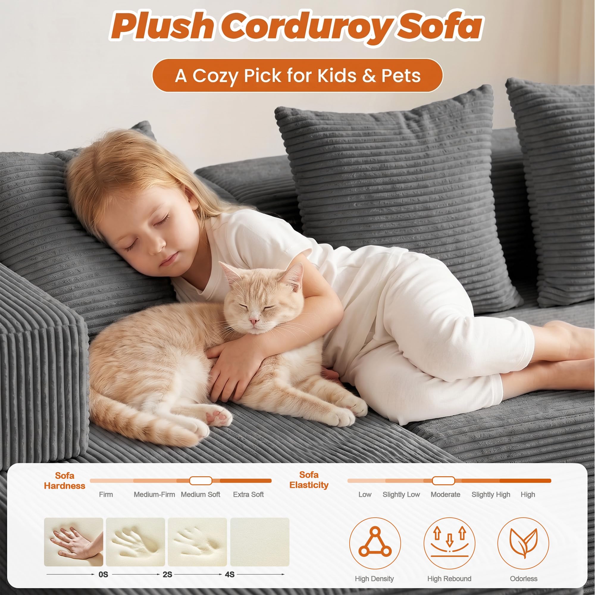 6-in-1 Tri-Folding Mattress | Cloud Boneless L-Shaped Modular Sectional Couches | Corduroy Pet-Friendly Convertible Futon Sofa Bed with 800LB Capacity Apartment, Guest Room, Game Room