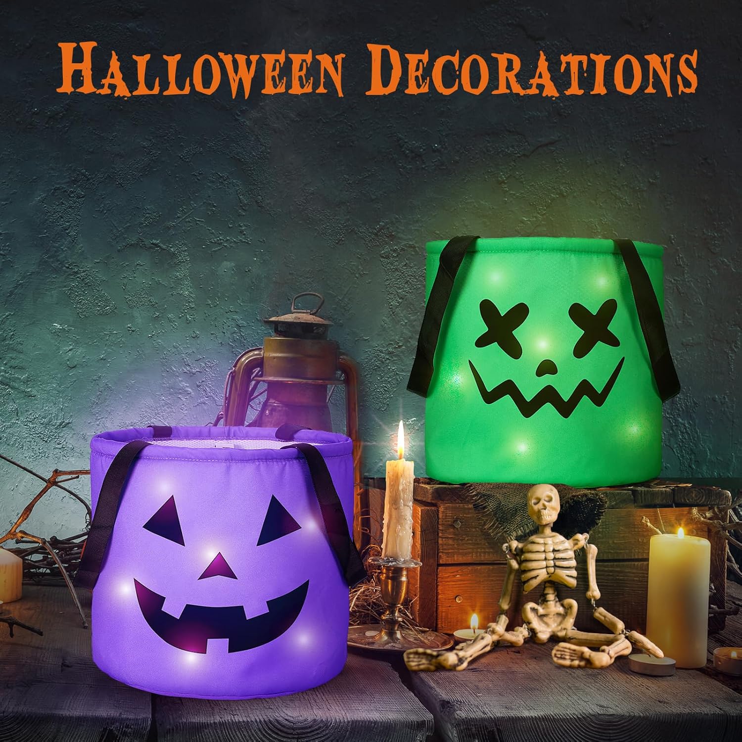 4 Pcs Halloween LED Light Up Trick or Treat Bags, Colorful Halloween Pumpkin Bucket, Multipurpose Portable Collapsible Reusable Bags, Best Party Favors for Kids