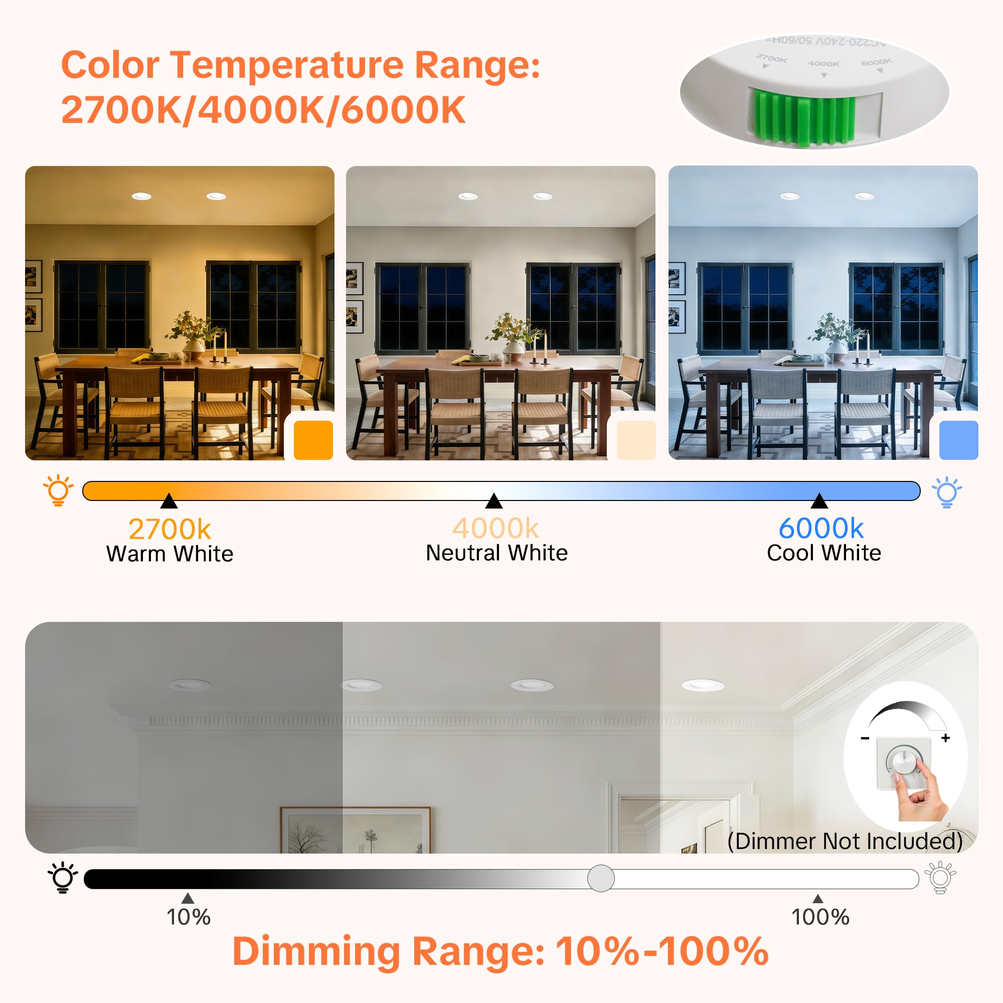 Downlight LED Techo Empotrable Regulable 230V, 5W 500LM Focos LED Interior Techo Rotable Blanco Cálido Blanco Neutro Blanca Frío, IP44 Ojos de Buey Extraplano, Corte 68-80mm, Blanco 3 Pack