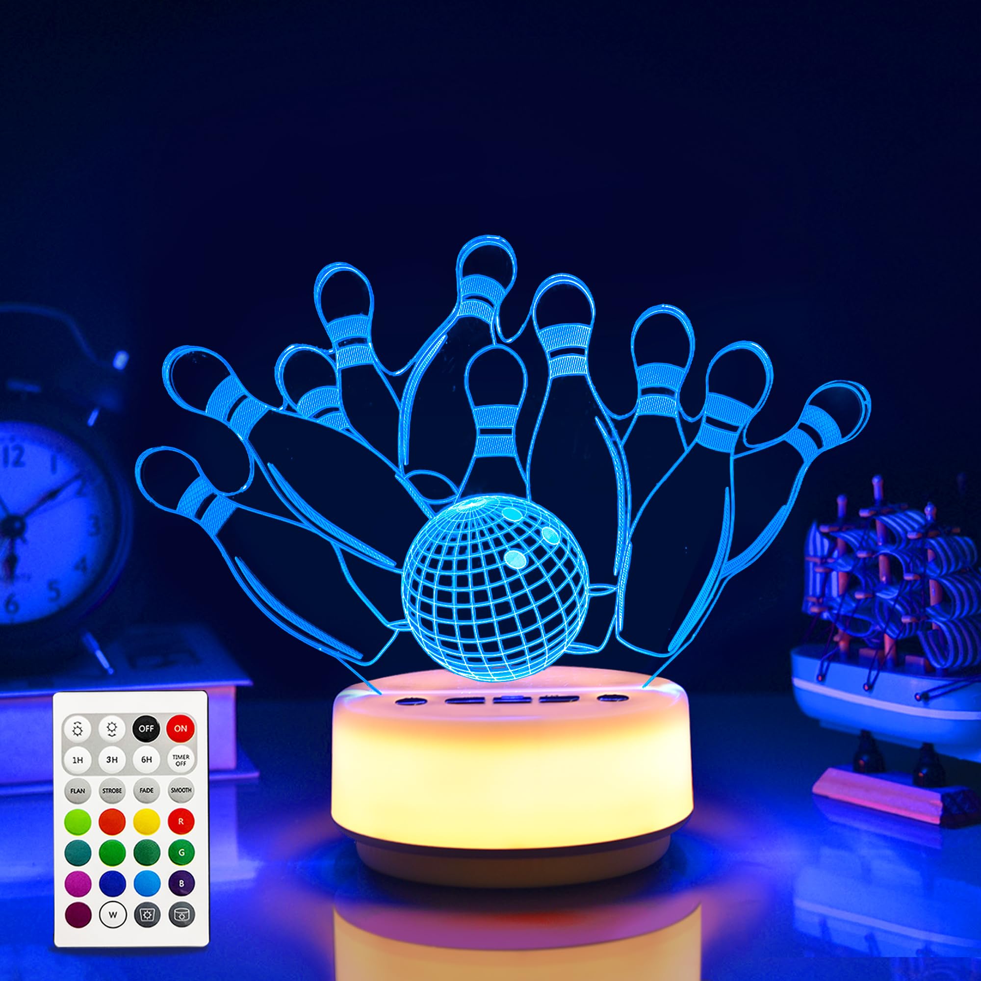 Bowling Gifts Night Light for Kids-Sports Bowlings Decor Bedside Lamp for Bowling Fan, 14 Color with Remote Control/Buttons +Timer +Dim Function, Birthday Holiday Gift for Boys & Girls