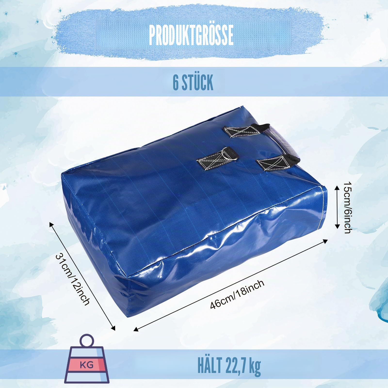 BOXOB 6stk Vinyl-Sandsäcke, Schwere Sandsäcke mit Griffen für Hüpfburgen Zeltplanen Wasserrutschen Sichere Verankerung für Outdoor-Aufblasbare Langlebig Wetterfest (Blau)