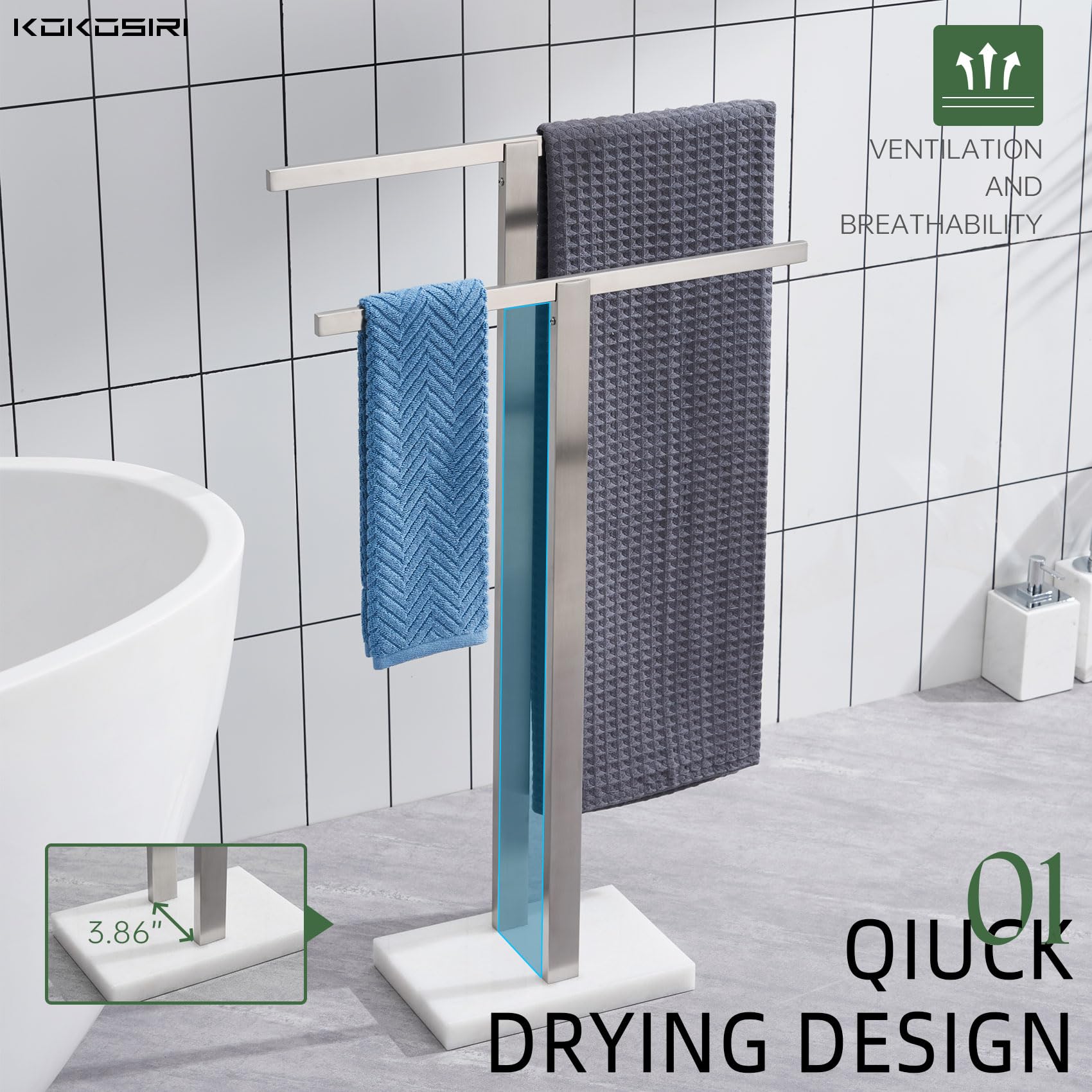 KOKOSIRI Bathroom Towel Rack 2-Tier Standing Towel Racks with Marble Base, Stainless Steel Freestanding Towel Bars, Thicken Steady Design, Brushed Nickel THS0001-BR
