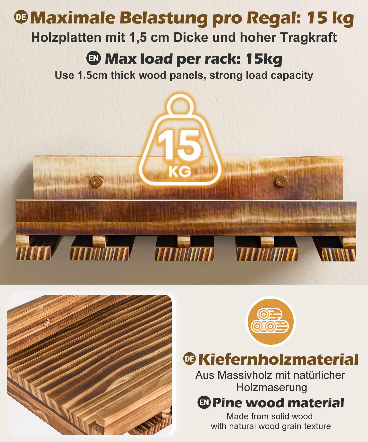 Yorbay 2er-Set Wand Holz Weinregal: Vintage Wandbar aus Beflammtem Palettenholz mit Weinglasregal für Wein und Weingläser - Wandmontage Weinflaschenhalter für Wohnzimmer Bar Küche