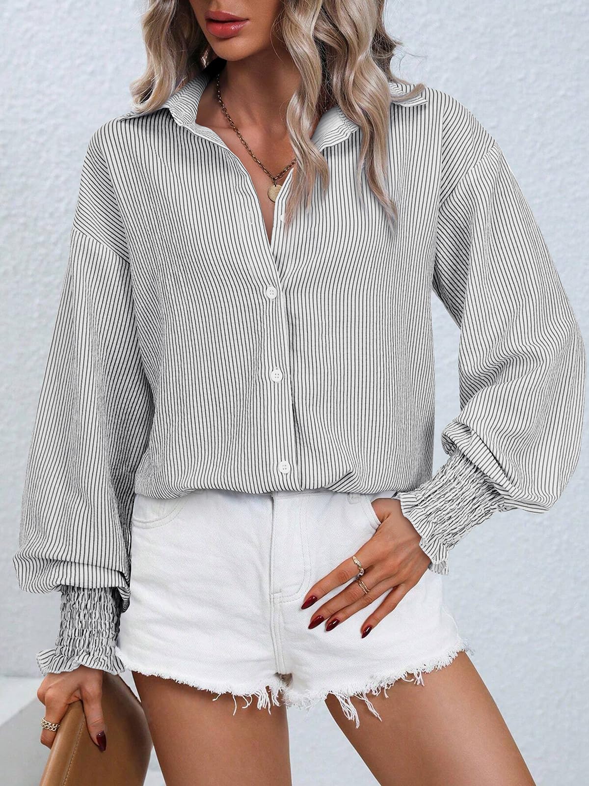 Women's Striped Button Down Shirts Long Sleeve Smocked Cuffed Oversized Boyfriend Blouses Collared Work No Pockets Tops