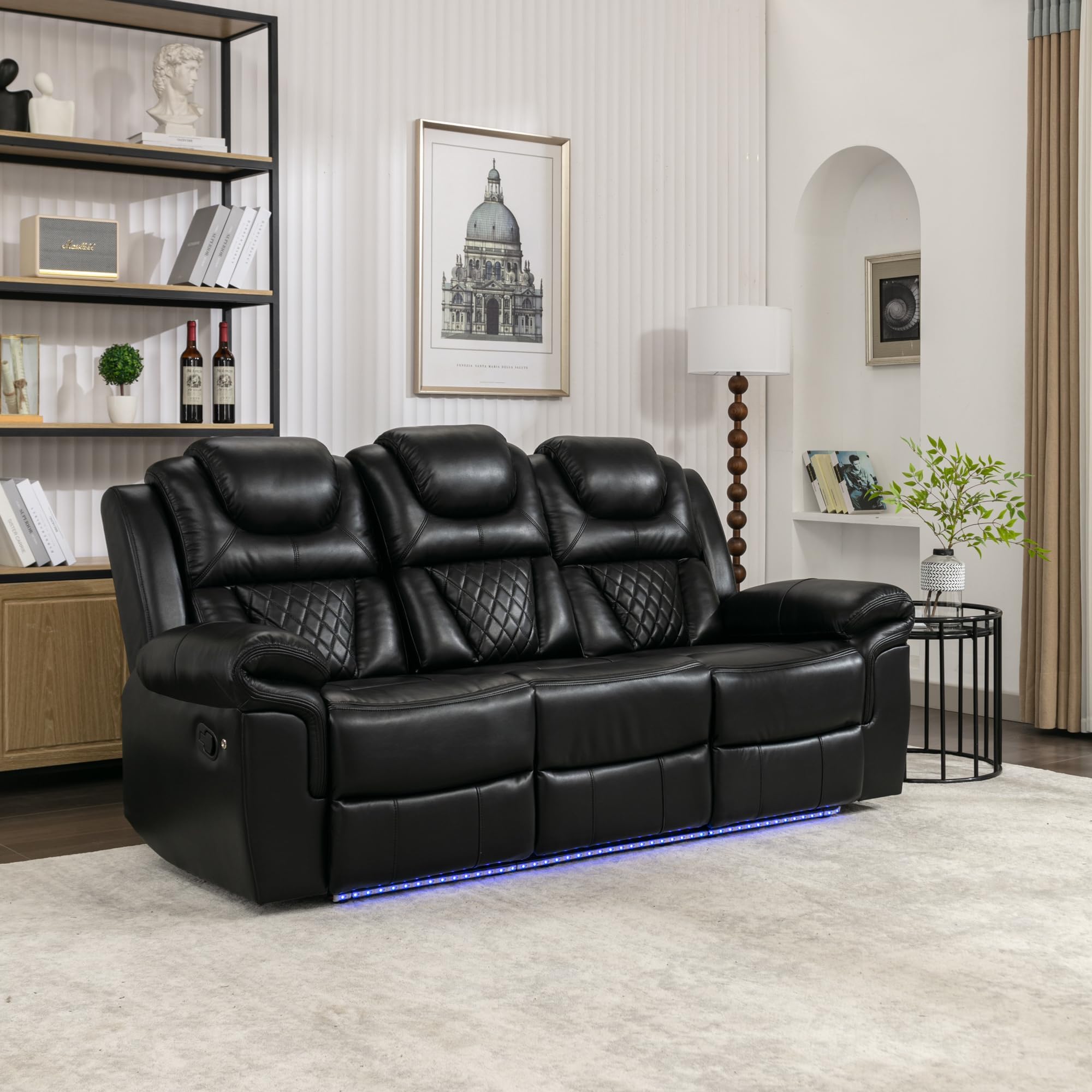 Leather Reclining Sofa Set,Home Theater Seating with Center Console,Flipped Middle Backrest,and LED Light Strip,3 Seater for Living Room,Office,Home Theater,RV (Black)