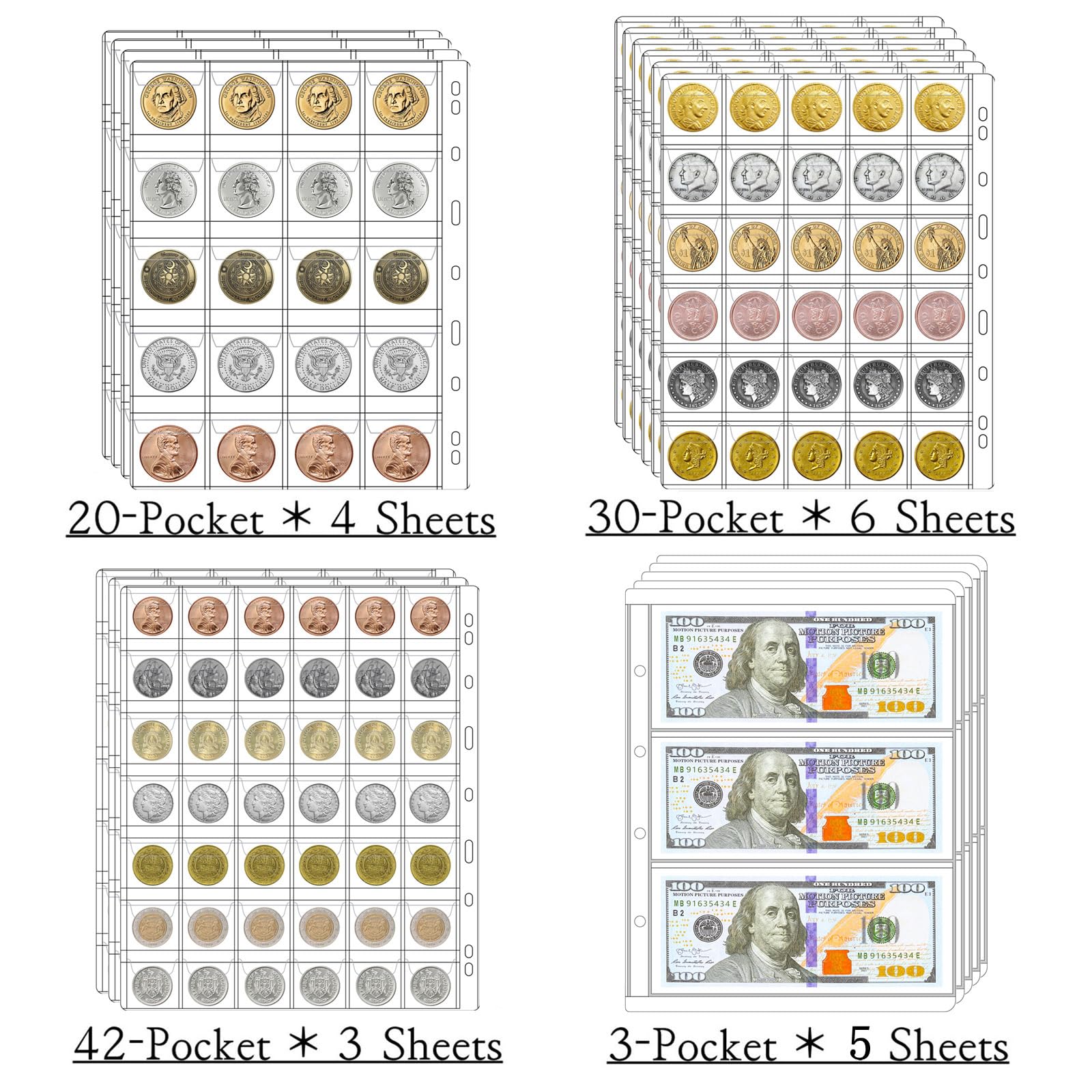 Coin Collection Book Holders for Collectors Coin Collection Supplies,386 Pockets Coin Collectin Books for Coin Display Storage & 15 Dollar Bill Sleeves Currency Album,Coin Collection Album Case Binder - Image 3