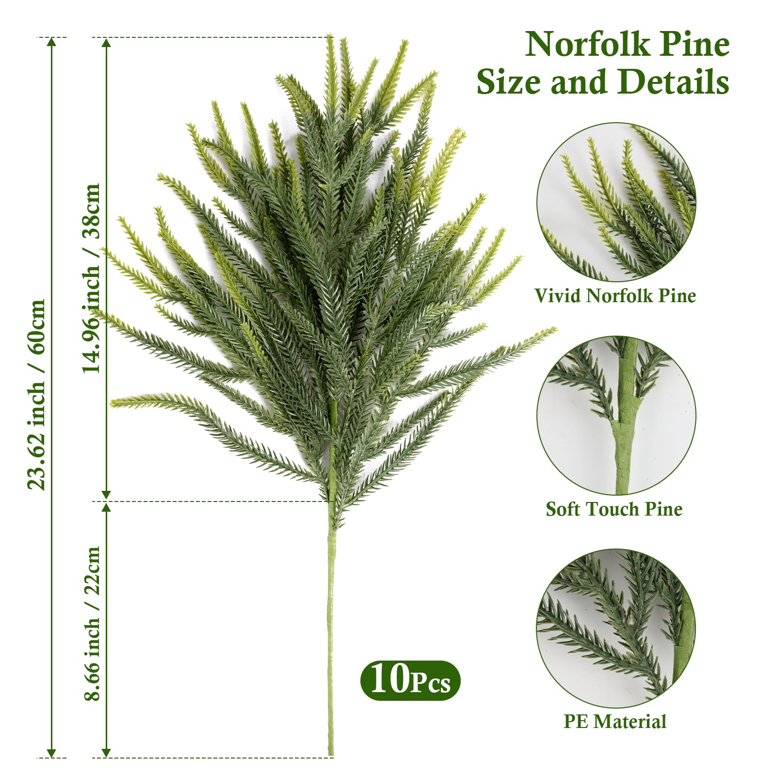 N&T NIETING 24inch Christmas Norfolk Pine Branches Norfolk Pine Artificial Christmas Branches Real Touch Faux Christmas Norfolk Pine Stems for Xmas Indoor Outdoor Home Decor DIY Crafts (10Pcs)