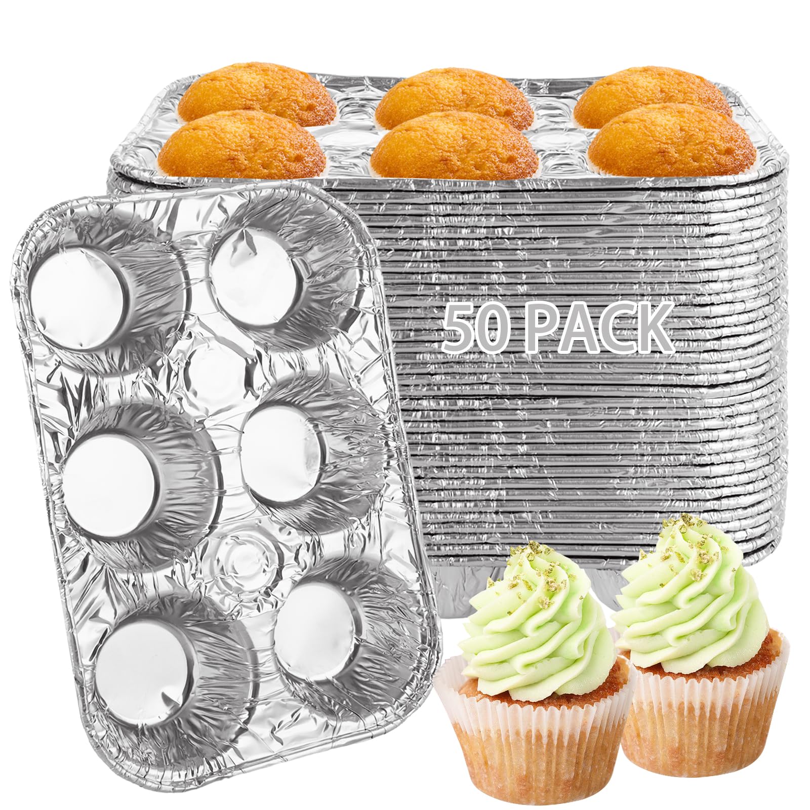 LDHHYH 50 Pack 6-Cup Aluminum Muffin Pans, Disposable Muffin Tins for Baking, Standard Size Cupcake Pans for Baking Cupcakes, Muffins and Mini Quiches - 10 x 6.6 x 1.5 inch