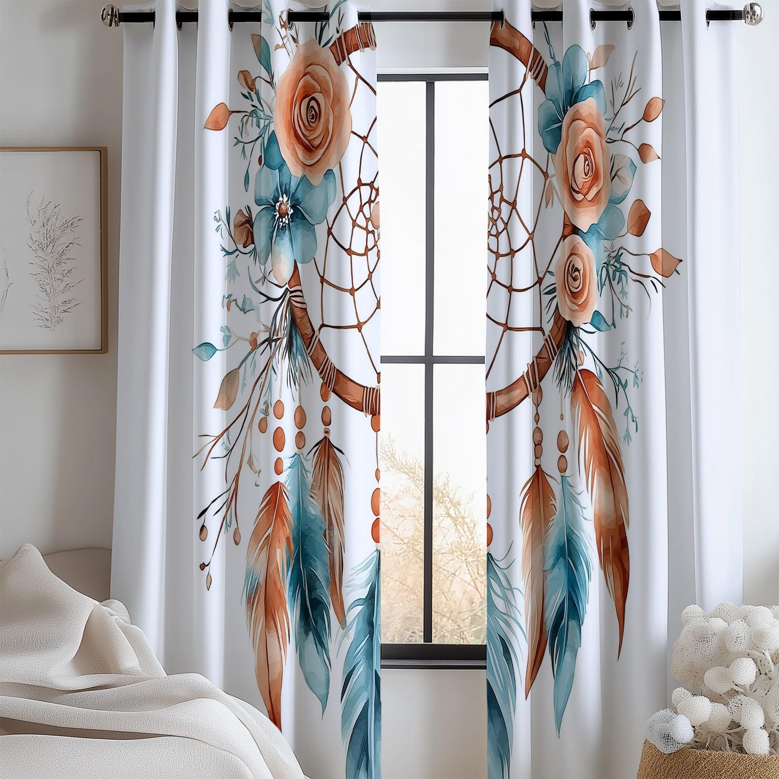 Weiß Vorhänge Aquarell-Traumfänger Gardinen mit Ösen, Vorhang Blickdicht, Verdunklungsvorhänge, Schiebevorhänge, Schlafzimmer Wohnzimmer & Kinderzimmer Deko, Blackout Curtain 2er Set H215 x B110 cm