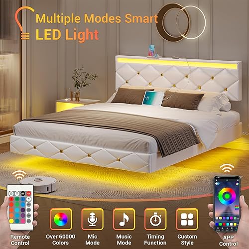 Miniatura 12 de Hasuit Base de cama flotante tamaño Queen con luces LED y estación de carga, moderna cama de plataforma Queen con cabecera tapizada de cuero vegano,