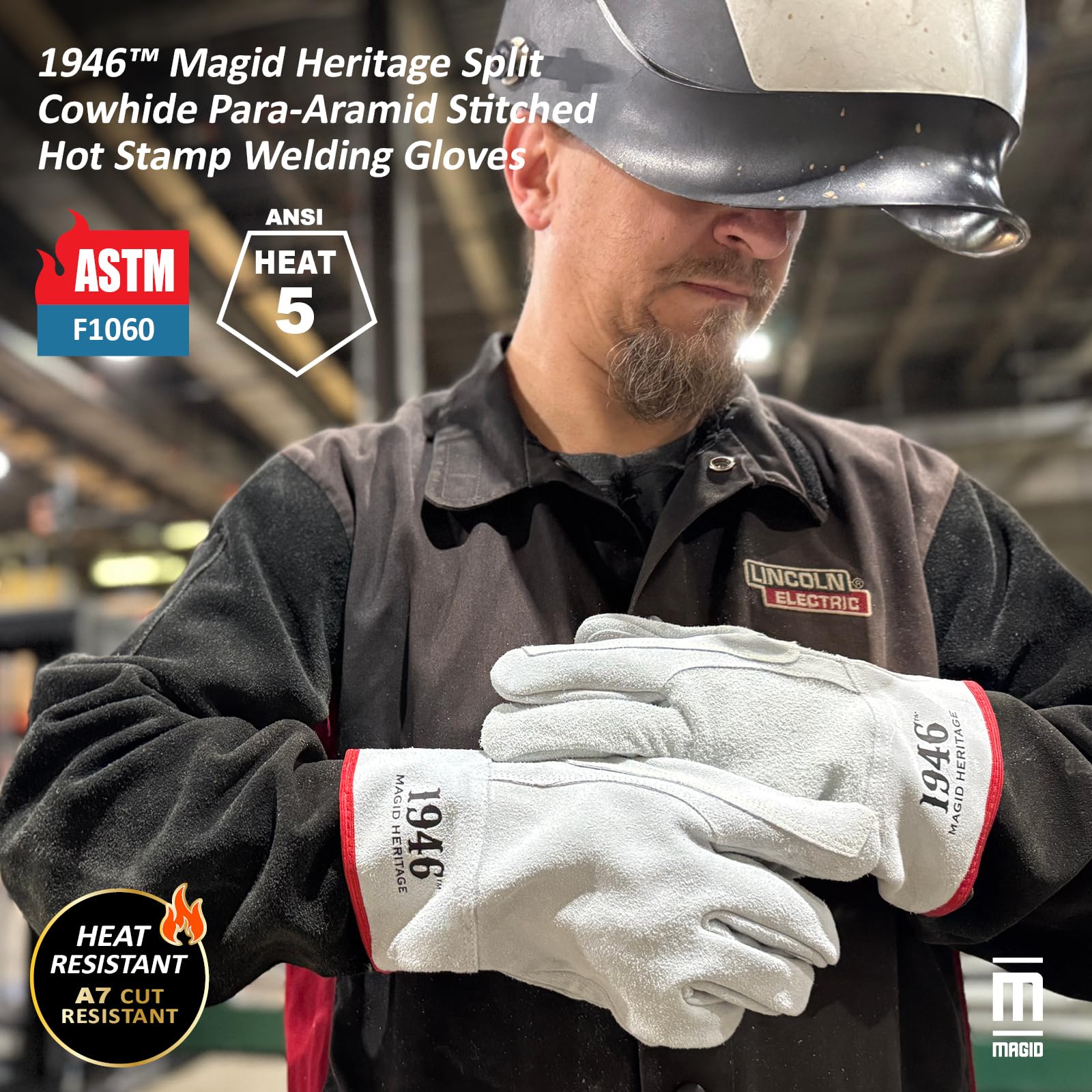 MAGID 1946 Heritage - Guantes de cuero vacuno dividido de para-aramida cosidos de alto calor, 8/M, 6 pares, T1756