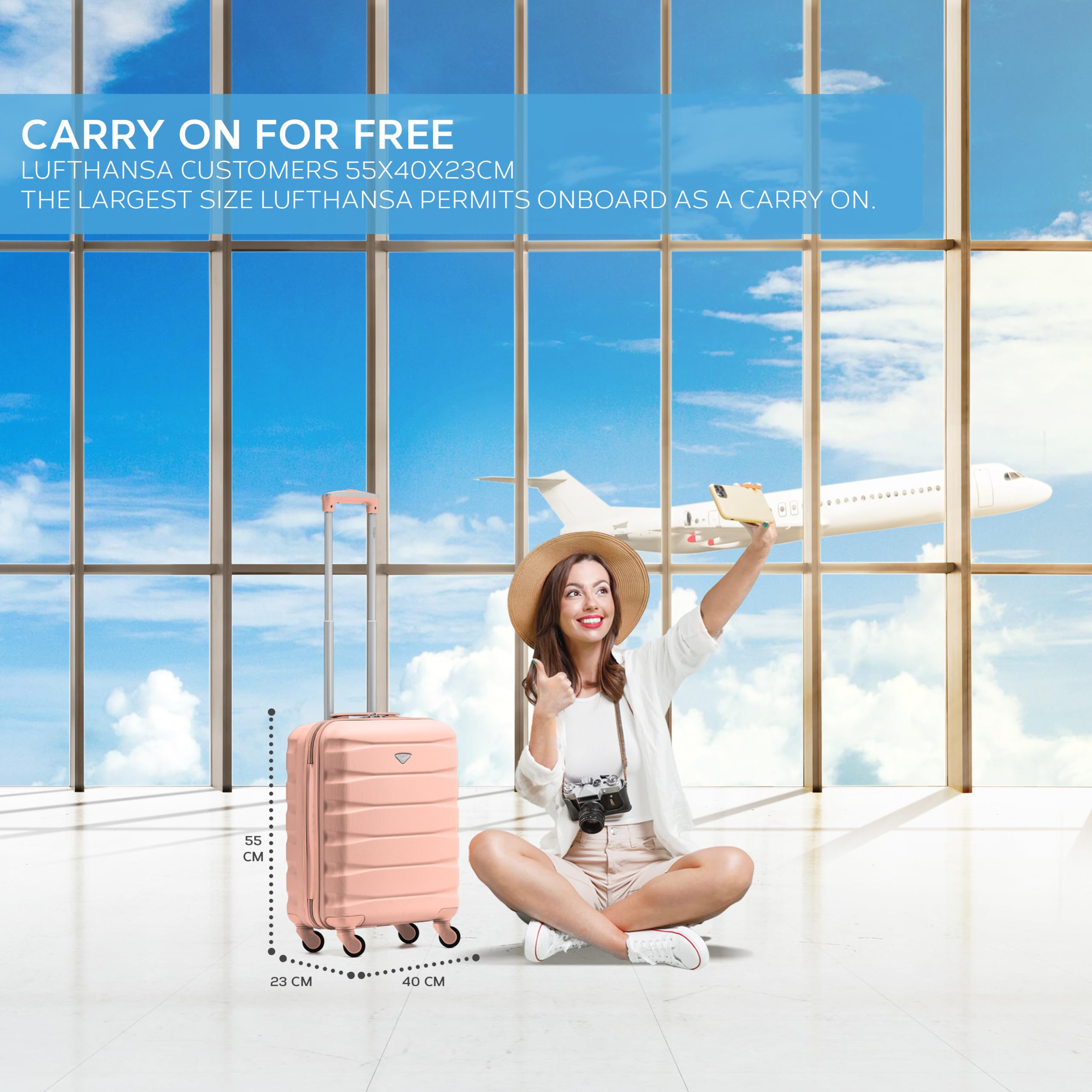 Flight Knight 55 x 40 x 23 cm Cabin Bag, Suitcase for Lufthansa & Over 30 Airlines Including British Airways, EasyJet Travle Bag- Lightweight Durable 4 Wheel Carry On Suitcase, Hard Shell- 55x40x23