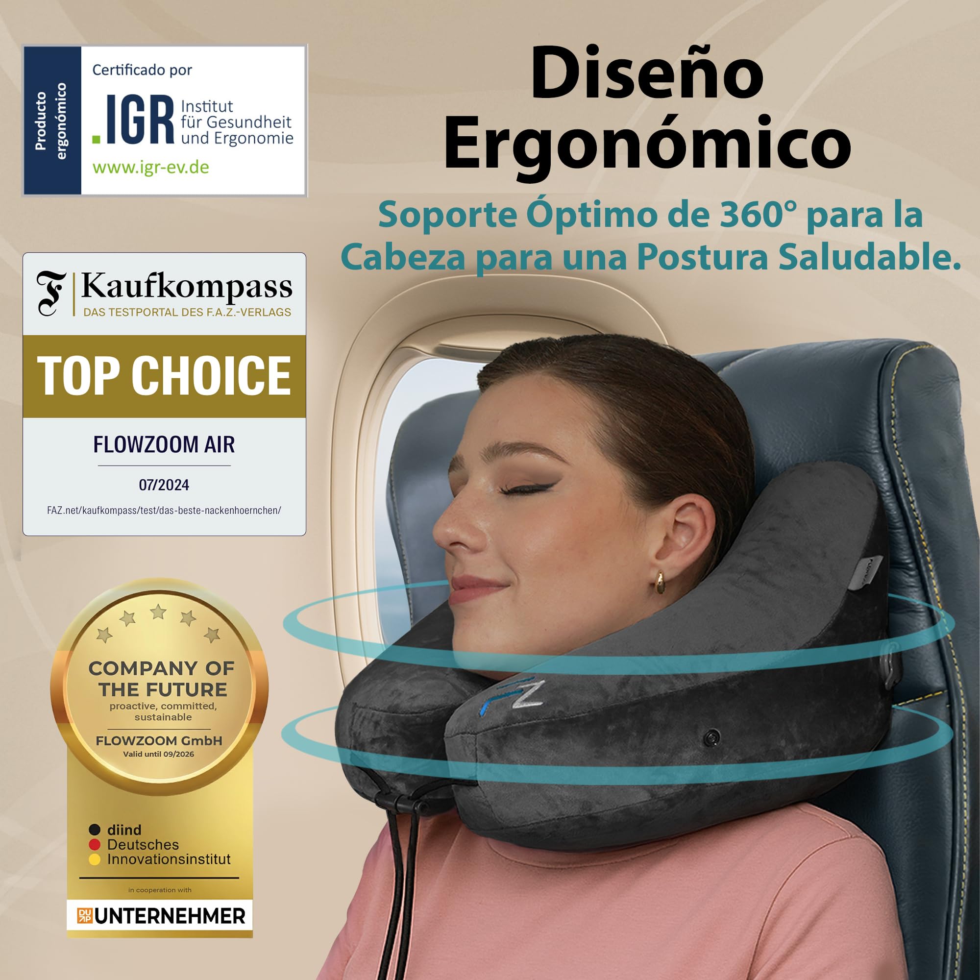 FLOWZOOM Almohada de Viaje Hinchable para Mujeres - Cojín de Cuello con Capucha de Felpa para Máxima Privacidad y Confort Avión, Tren y Coche - Talla M - Negro