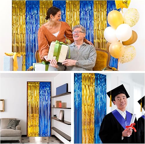 Miniatura 7 de LOLStar Paquete de 3 decoraciones de fiesta de graduación azul y dorado 2022, cortinas de flecos de papel de aluminio de 3.2 x 6.6 pies, telón de