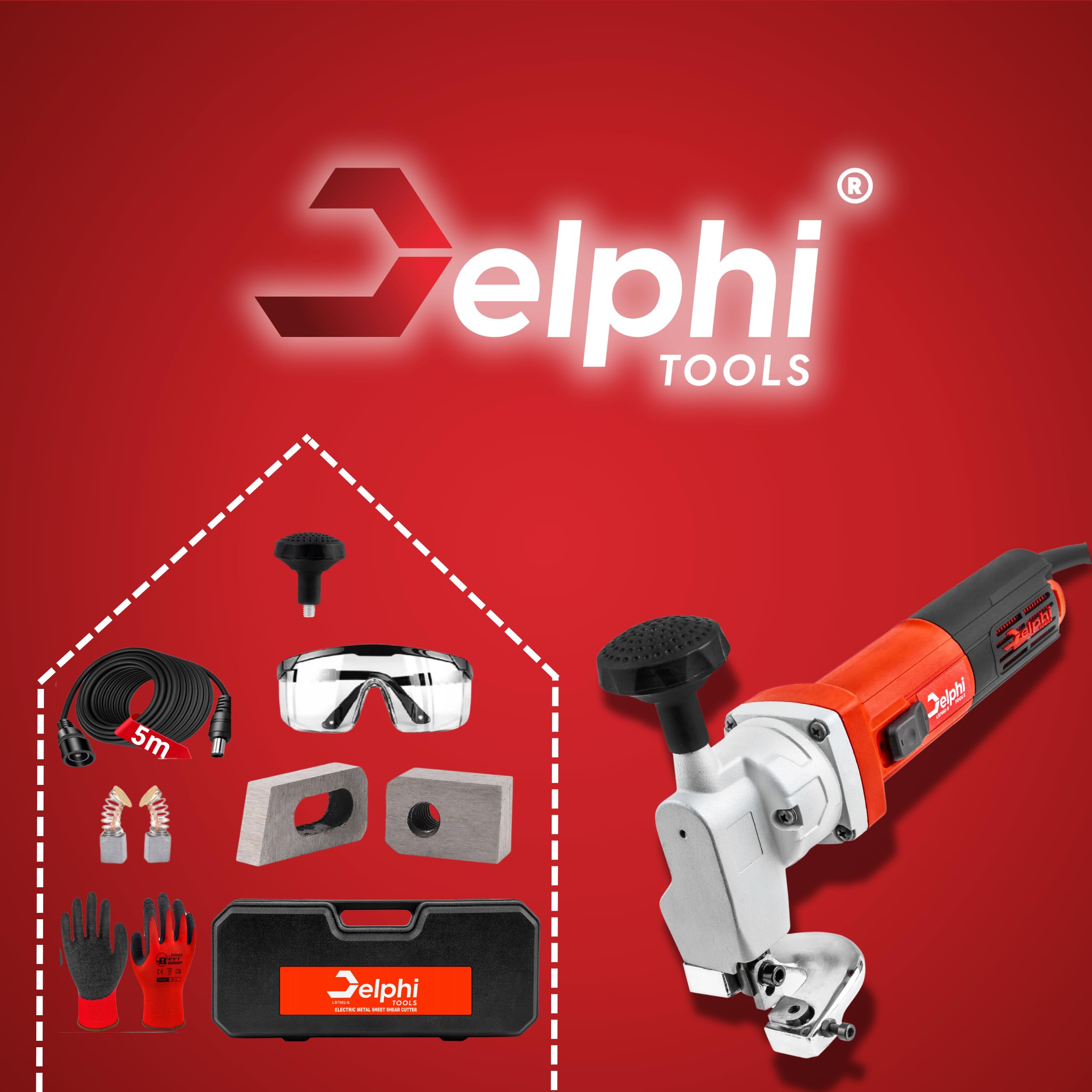 DELPHI Forbici elettriche per lamiera, 850 W, 220 V, qualità industriale, in acciaio inox, taglierina per metallo, taglio fino a 2,5 mm, piastra in acciaio da costruzione 2200 rpm