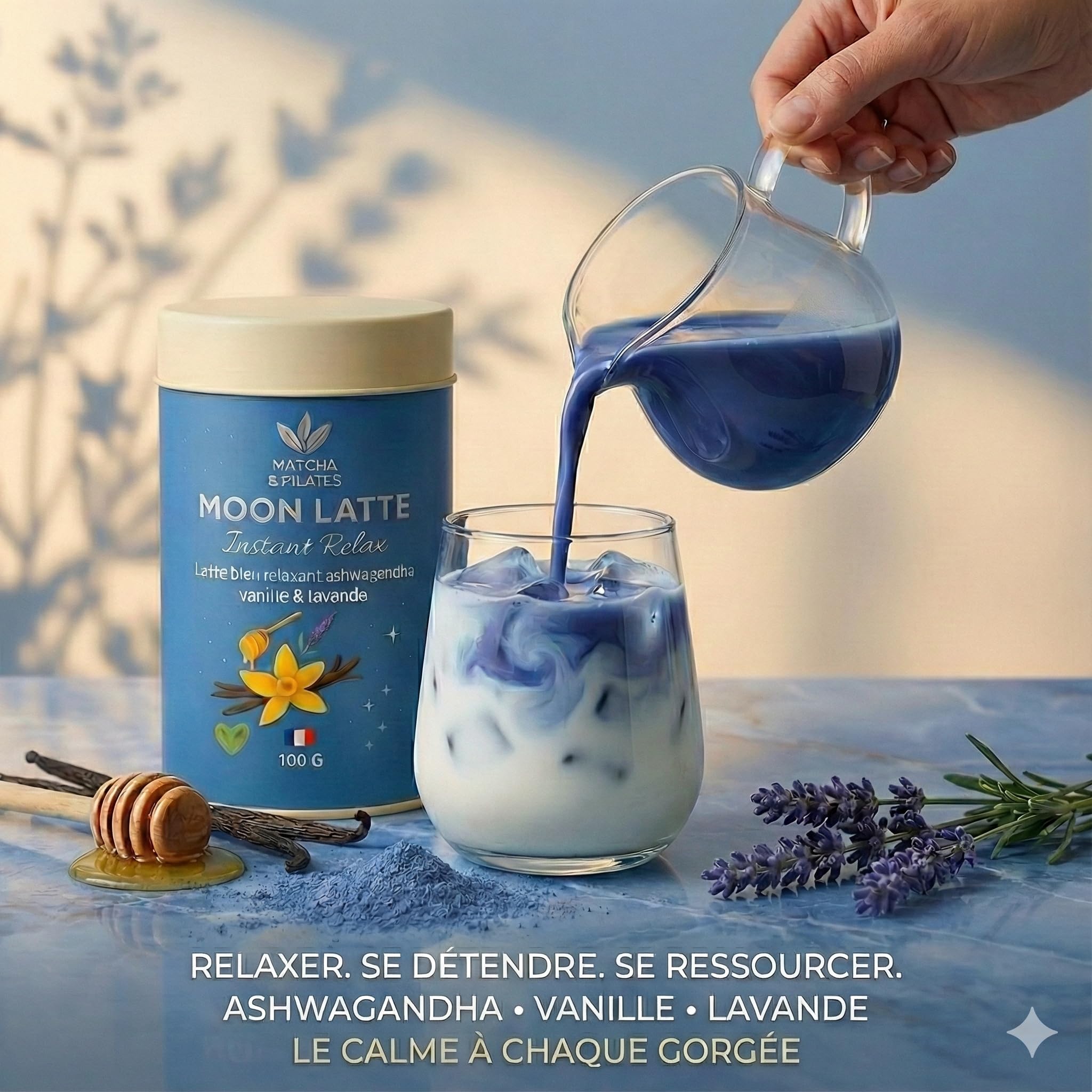 Matcha & Pilates Moon Latte Relax – Latte Bleu à l’Ashwagandha – Vanille & Lavande – Boisson Bien-Être Sans Caféine – 100 g