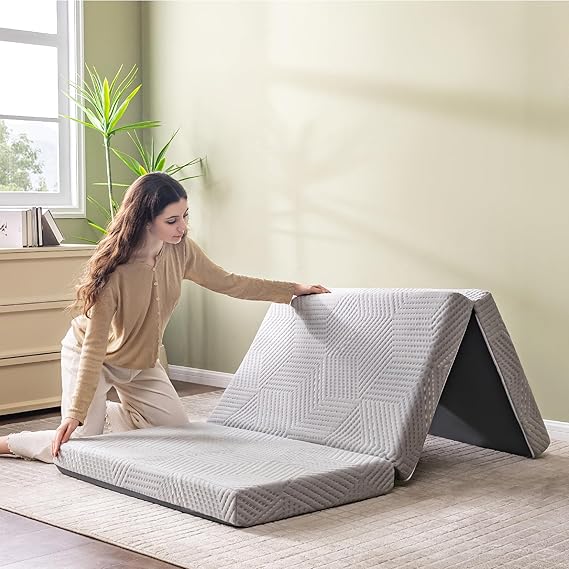 CH Charme House Folding Mattress, 4 Inch Single Tri Folding Memory Foam Mattress for Camping Guest Bed, Washable Cover & Non-Slip Bottom, 75 x 25 x 4, Grey