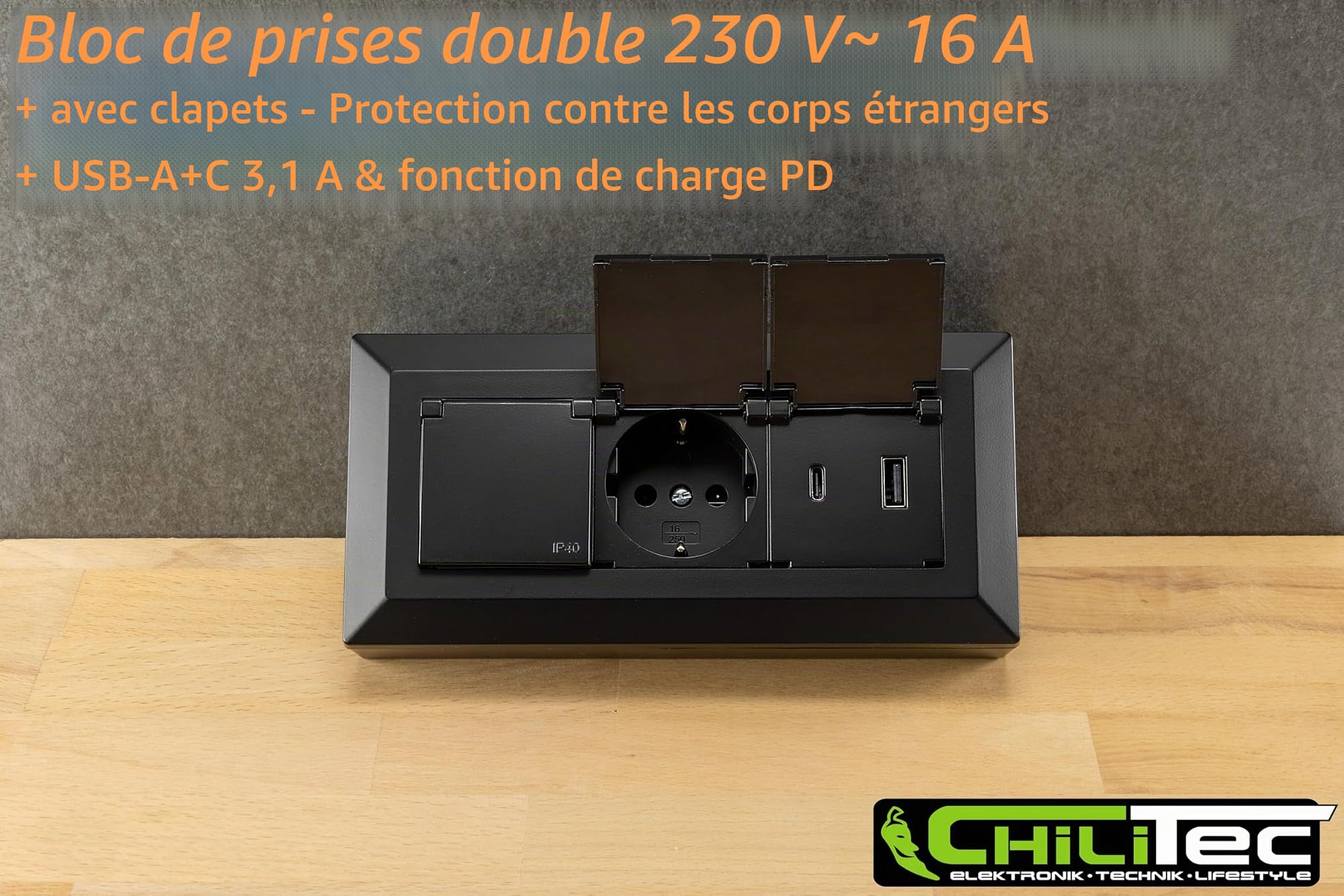 ChiliTec Bloc multiprise 2 prises avec couvercle rabattable USB-A USB-C PD 230 V pour cuisine, bureau, atelier, noir