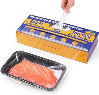 800Ft Food Plastic Wrap with Slide Cutter, BPA Free Cling Film with Magnetic Back, Includes 100 Reusable Plastic Bowl Covers for Home & Commercial Use Food Service