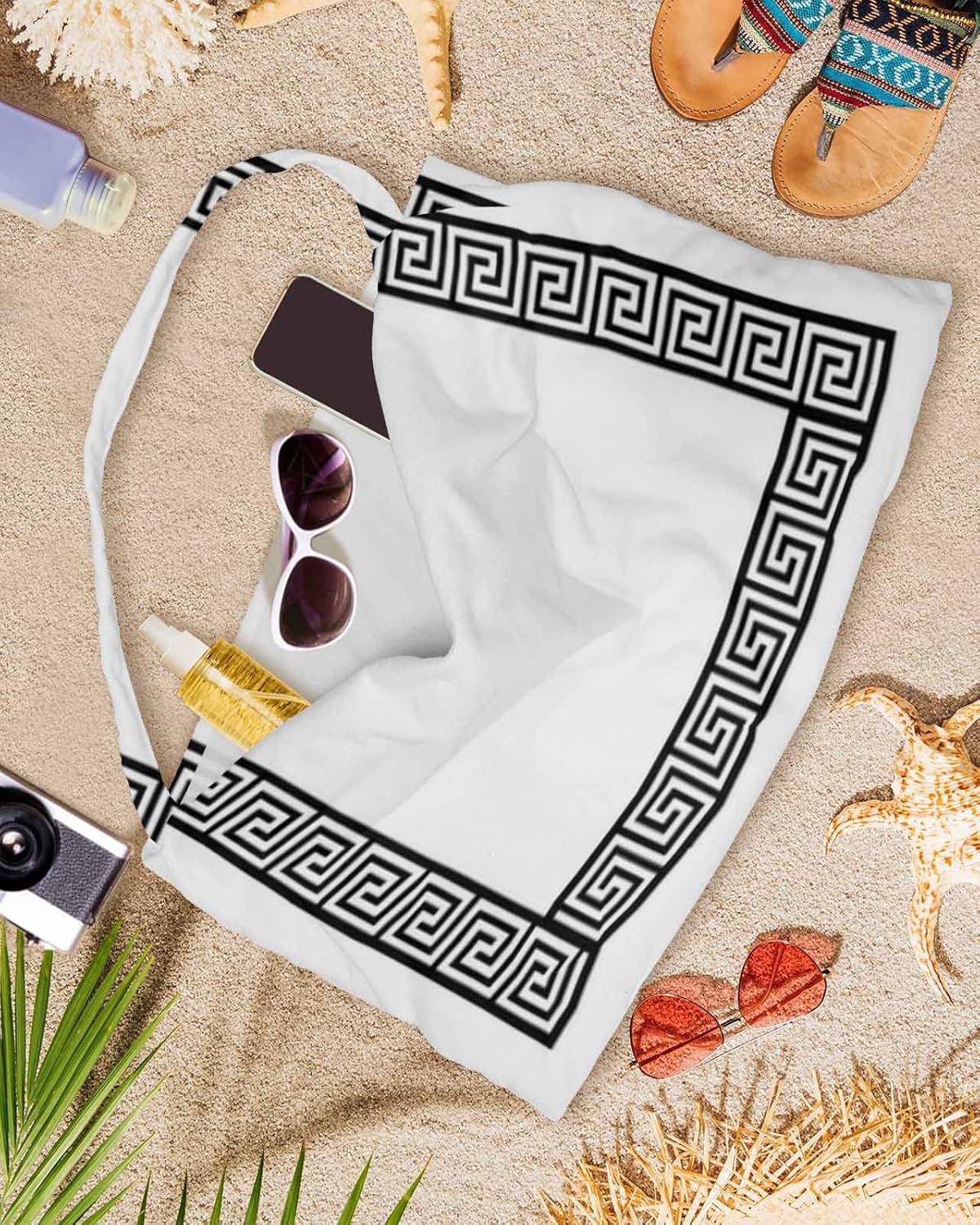 Classic Greek Geometric Beach Pool Patio Lounge Chaise Chair Cover Towel With Pockets,Absorbent & Quick Dry Microfiber Towel Cover Bag Summer Sunbathing Accessories Traditional Chinese Ethnic Richness