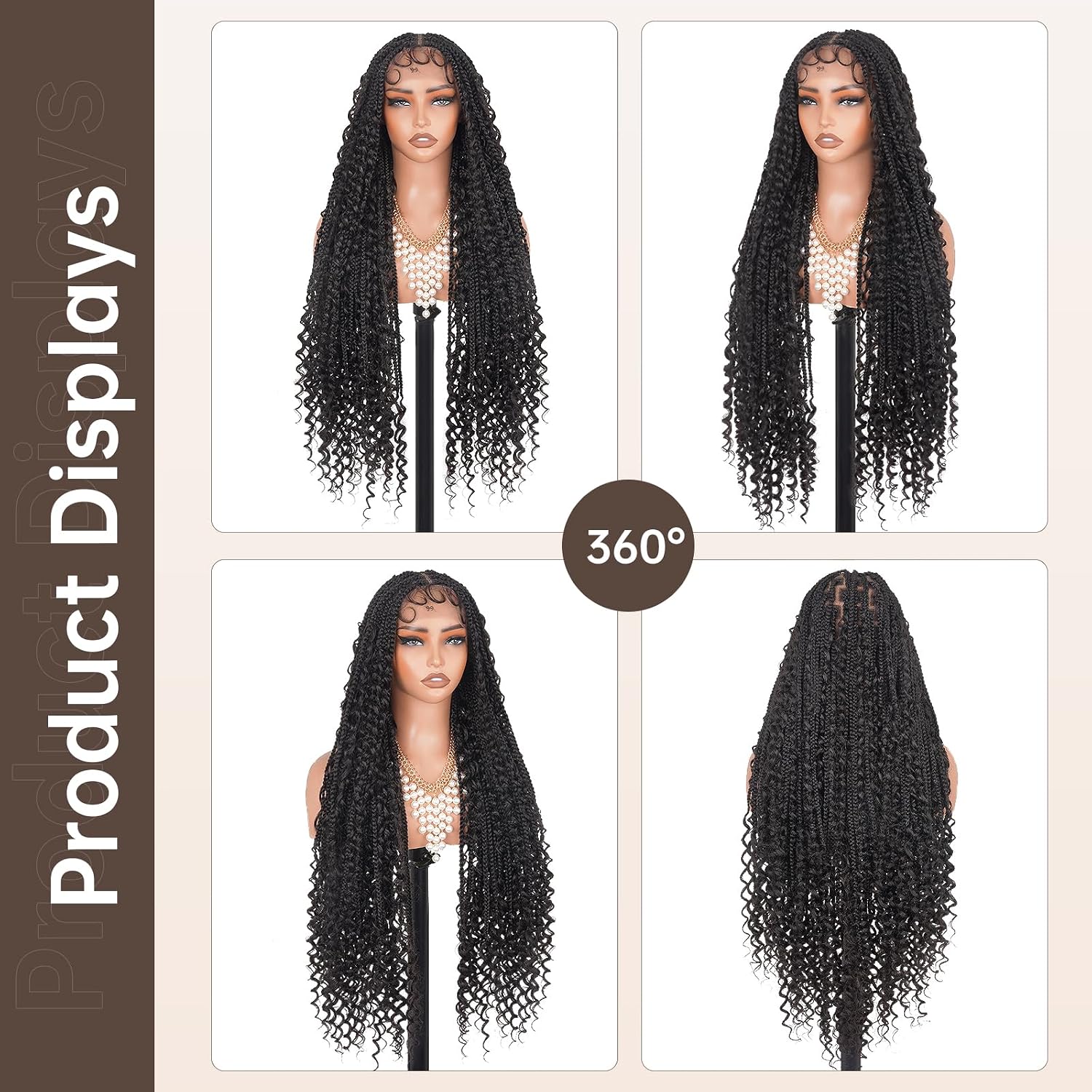 Knotless Boho Braided Wigs for Black Women Full Double Lace Human Hair Blended Synthetic Box Braids Wig with Bohemia Curly Ends(Natural Black, 27 Inch)