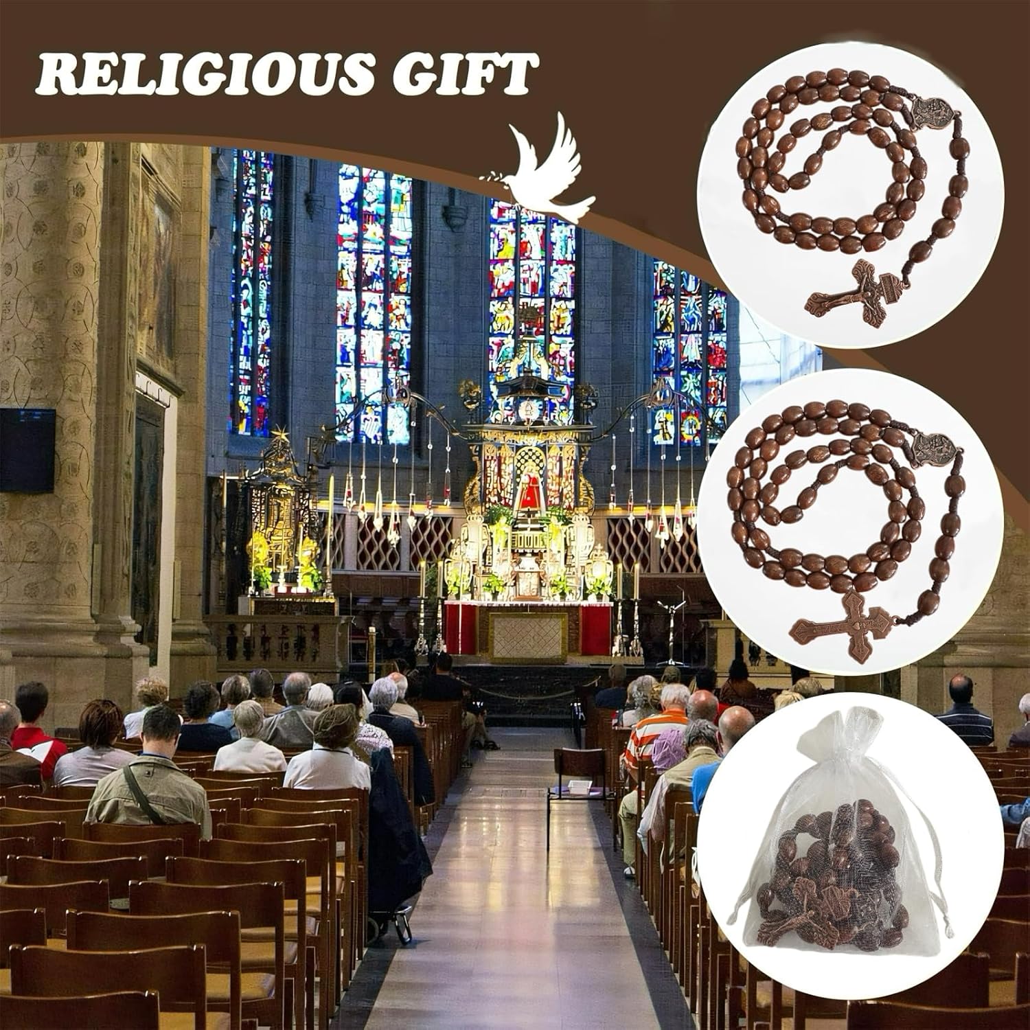 BONITTER Saint Michael Archange Necklace, 3PCS/10PCS/25PCS Pocket Wooden Cross Bulk with Organza Bags, Handmade Rosary Beads, Catholic Christian Prayer Gift - Image 6