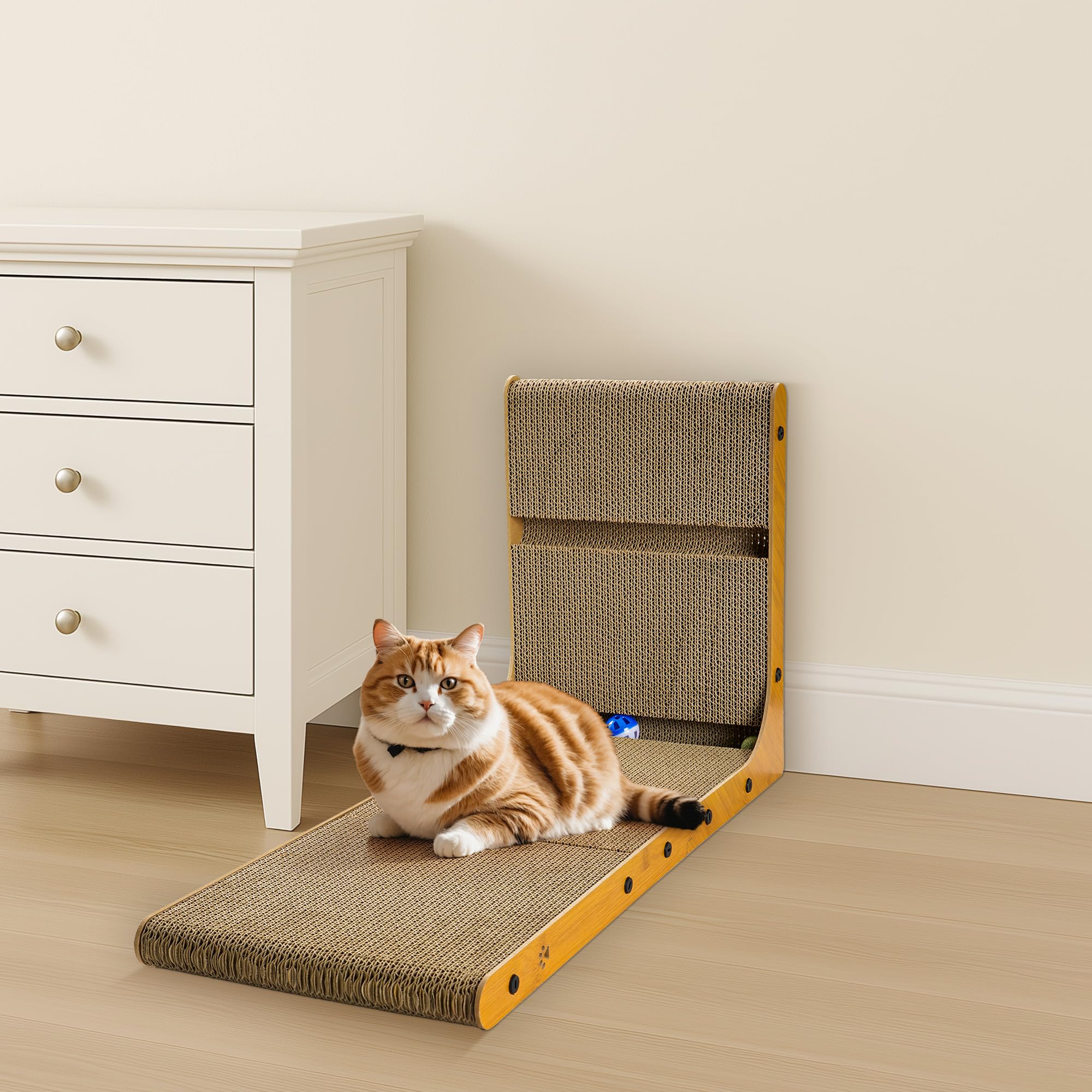 Griffoir pour Chat - Grattoir Chat 70 cm en Forme de L avec Jouet - Tapis à Griffes en Carton Ondulé Haute Densité - pour Mur et Canapé