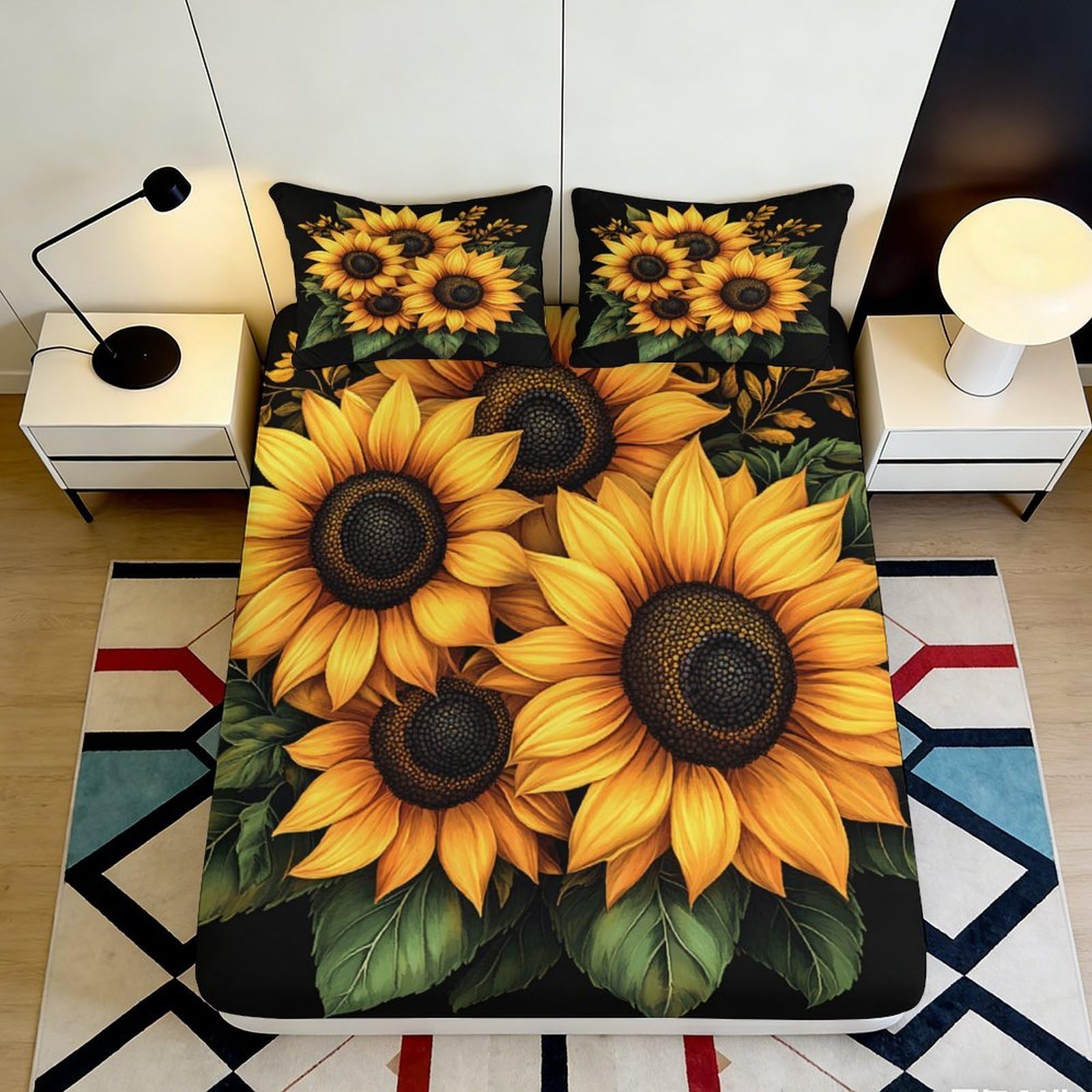 3D Printed Sunflower Blossom Fitted Sheet Microfiber Soft Breathable Floral Mattress Cover for Bedroom Guest Room Decor 90x200x25cm