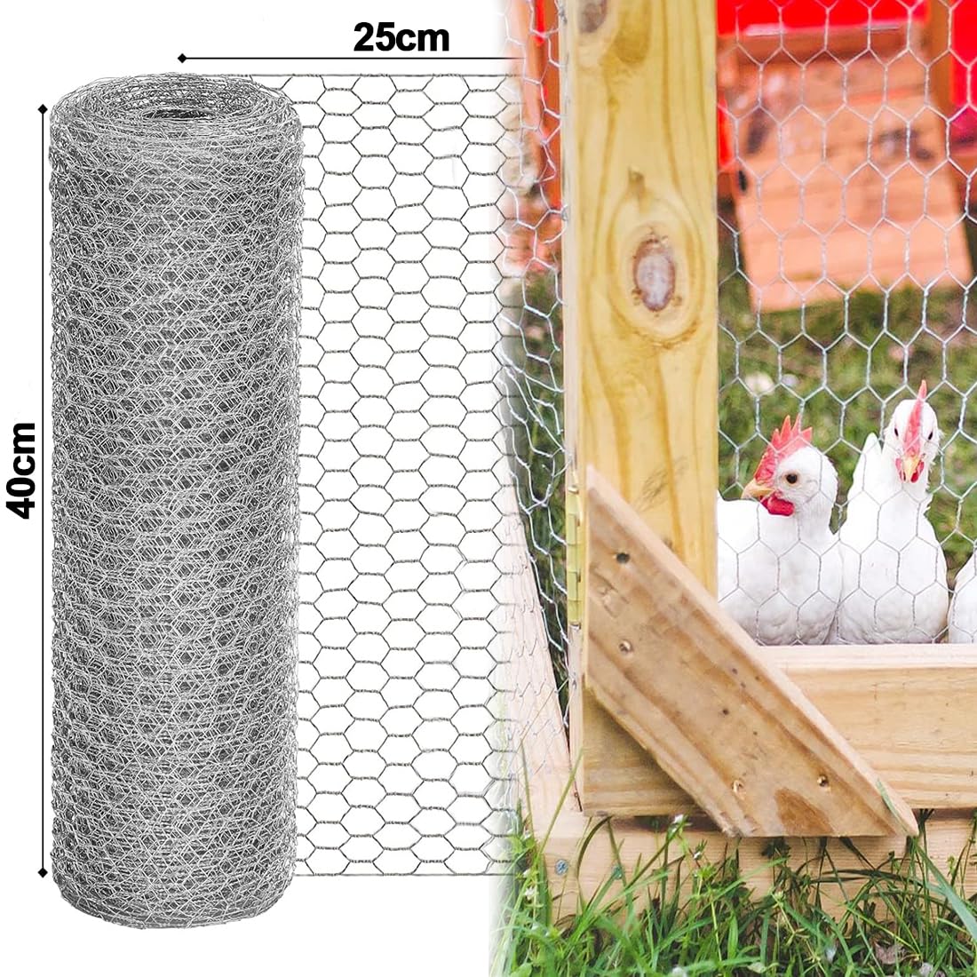 Rouleau de grillage pour poulet, 25 m x 40 cm, filet de clôture solide pour volaille, animal domestique, lapin, clôture de jardin, barrière animale, antirouille galvanisé, projets de bricolage