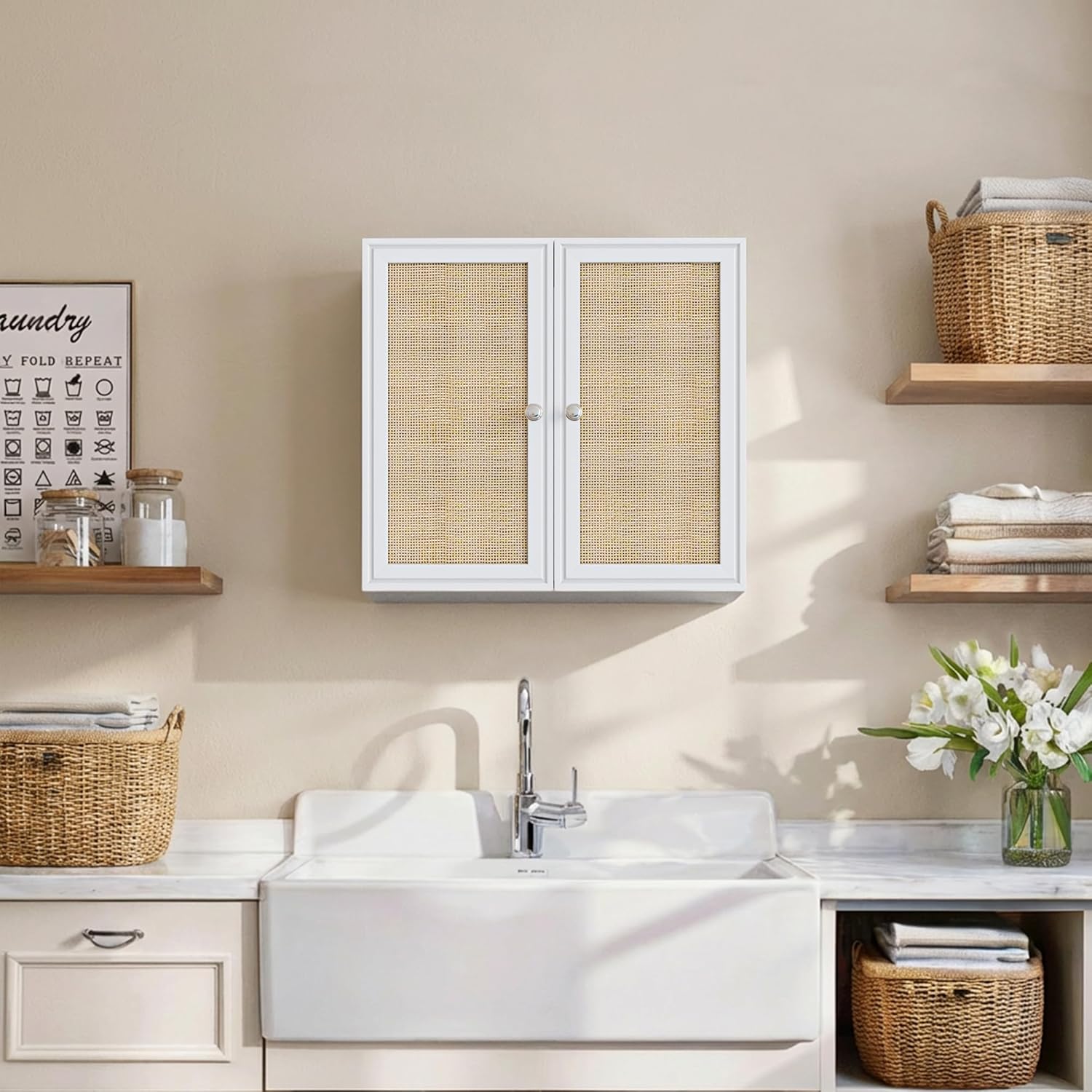 Laundry Room Cabinets 24INCH Bathroom Cabinets Wall Mounted with Adjustable Shelves, Rattan Wall Cabinet for Bedroom, Kitchen, Bathroom, White