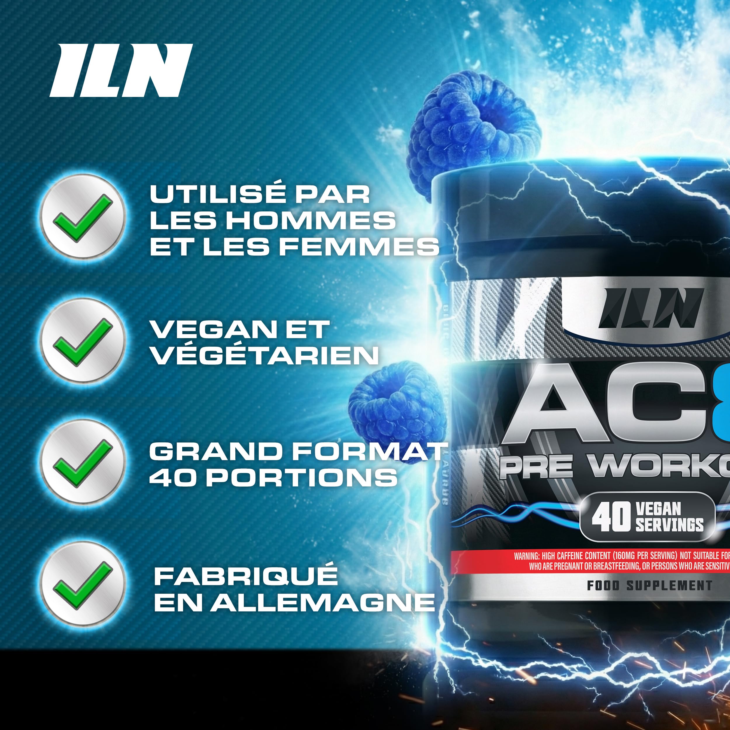 AC8 Pre Workout poudre framboise bleue 360 g - preworkout booster puissant pour hommes et femmes - avec créatine, caféine et vitamine B12 - jusqu’à 6 660 mg par portion