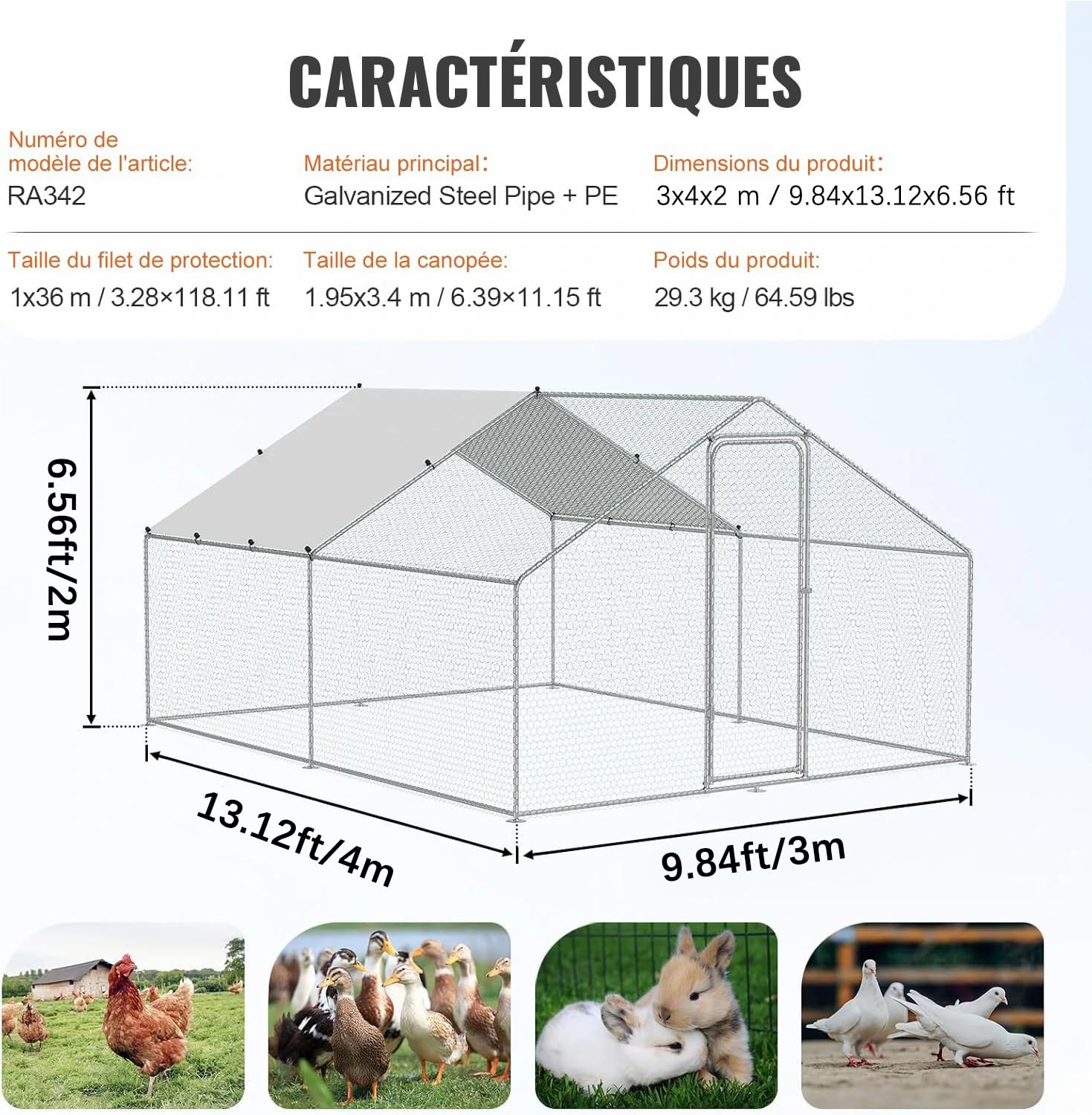 Enclos Poulailler Extérieur 12 m² en Métal Galvanisé avec Toit PE Imperméable et Serrure de Sécurité – Grand Parc Grillagé pour Poules, Lapins, Chiens et Petits Animaux – 4 x 3 x 2 m