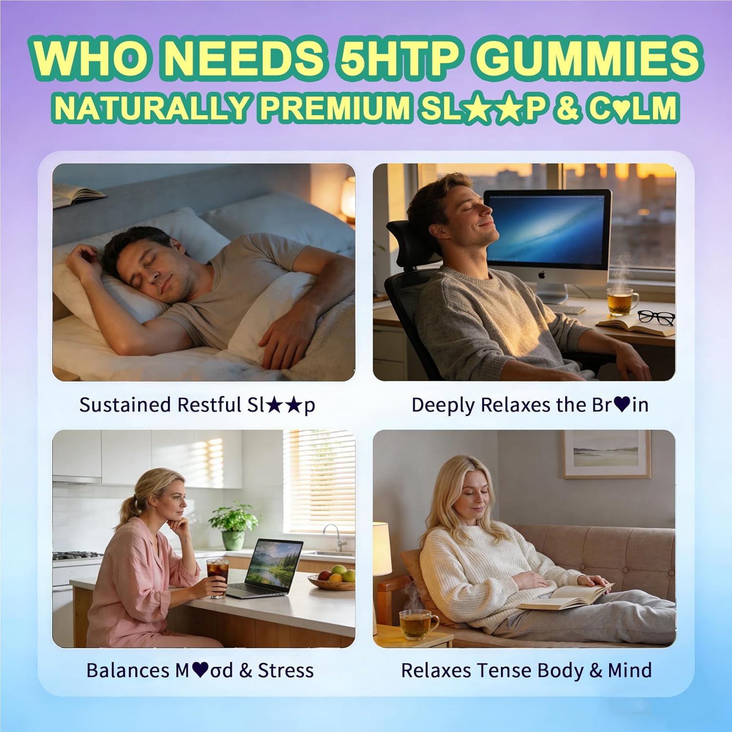 5HTP Gummies + GABA - Melatonin Free -Magnesium Glycinate, Ashwagandha, L-Theanine, L-Tryptophan & Vitamin D3 | Relaxation & Calm Gummies | Nighttime Support for Adults 2 Pack